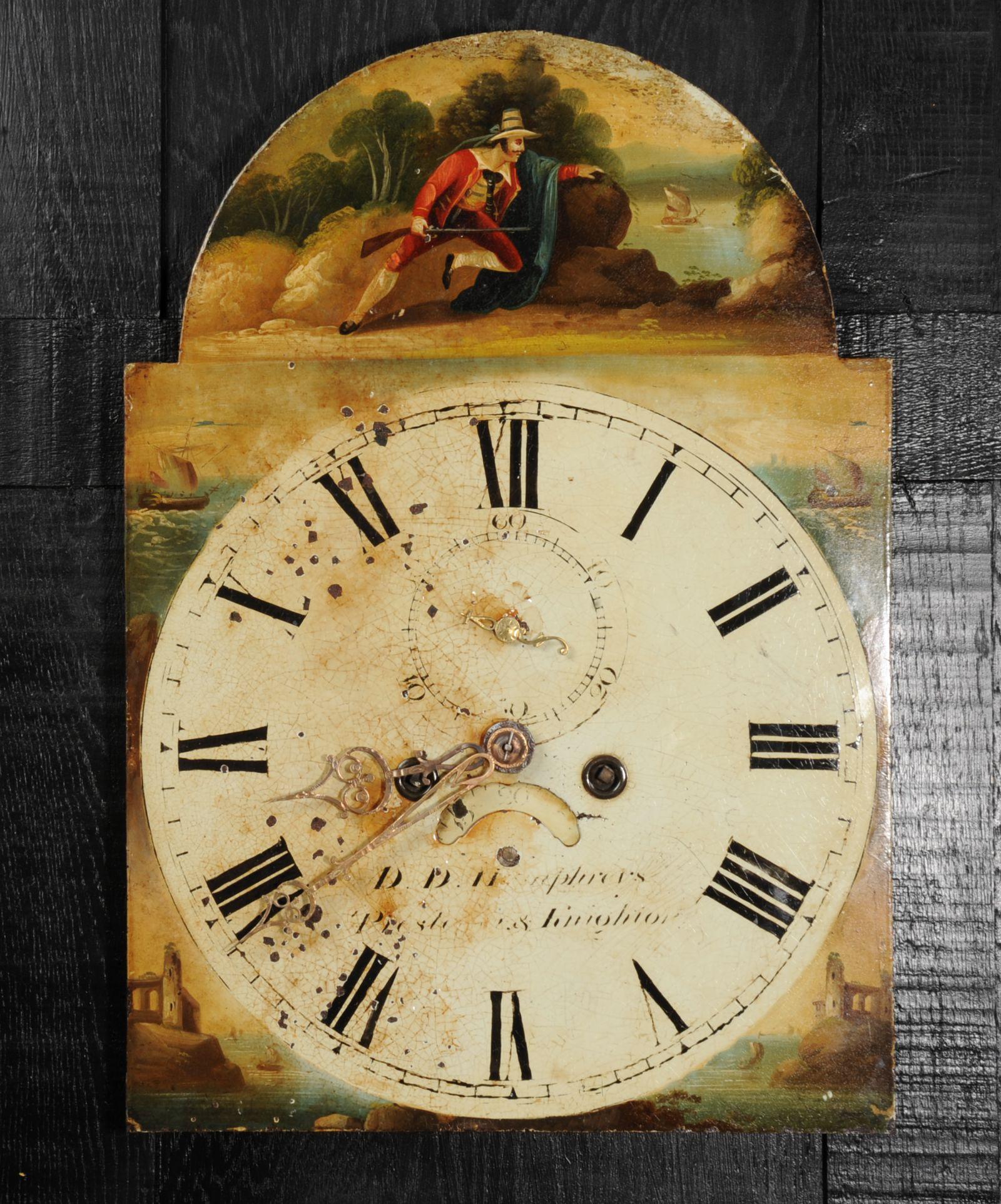 Ein hübsches antikes Eisenuhrenzifferblatt aus dem Jahr 1850, auf dem der legendäre Schmuggler und Räuber Will Watch abgebildet ist. Schön gemalt in den leuchtenden Farben des Theaters, wurde er in viktorianischen Melodramen und auch in einer