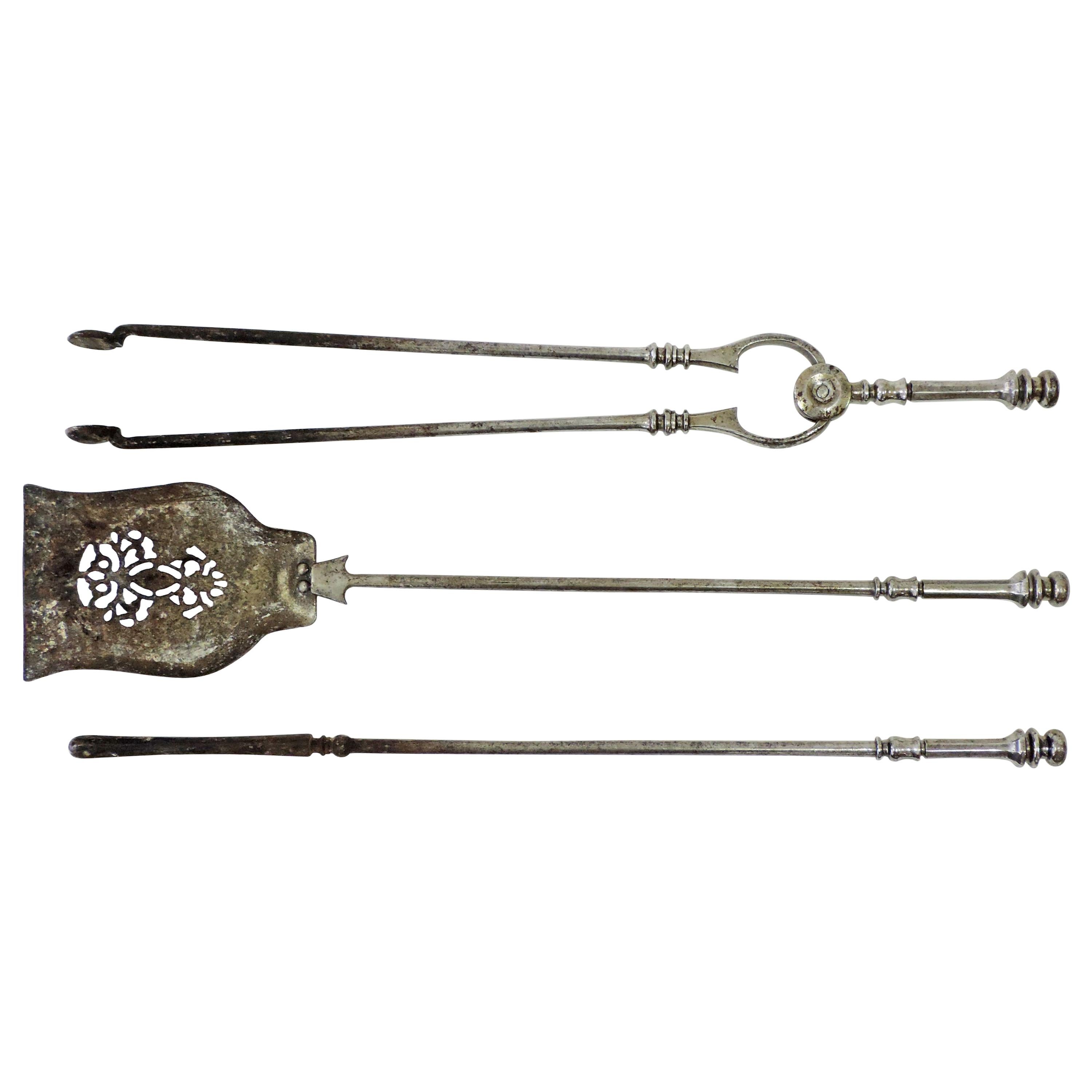 Antique English Iron Fire Place Tools Set For Sale