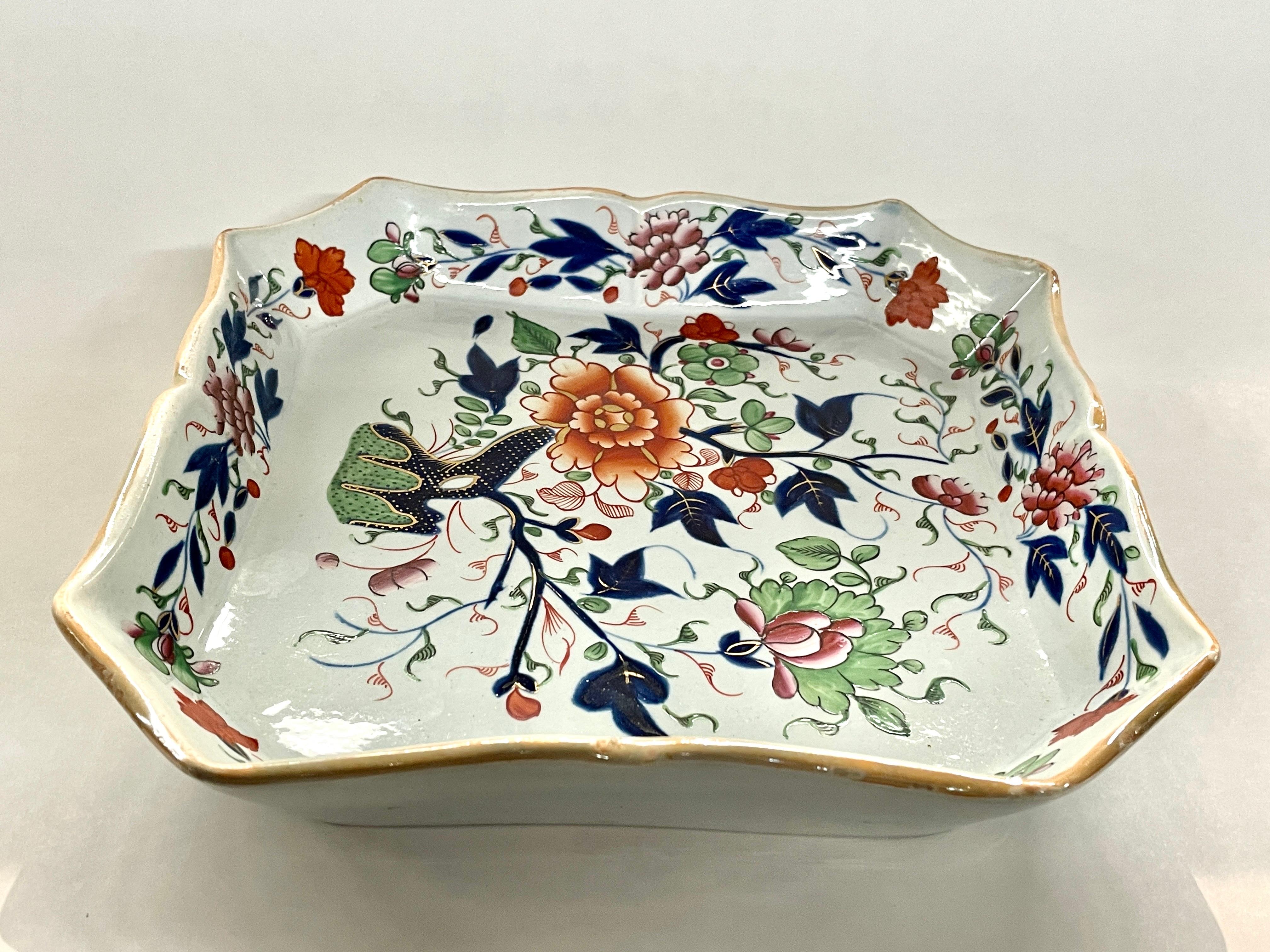 This is a particularly fine and rare Antique English early 19th century ironstone square Dessert or Serving Dish with brilliant imari hand-painted decor. The printed mark on reverse says 