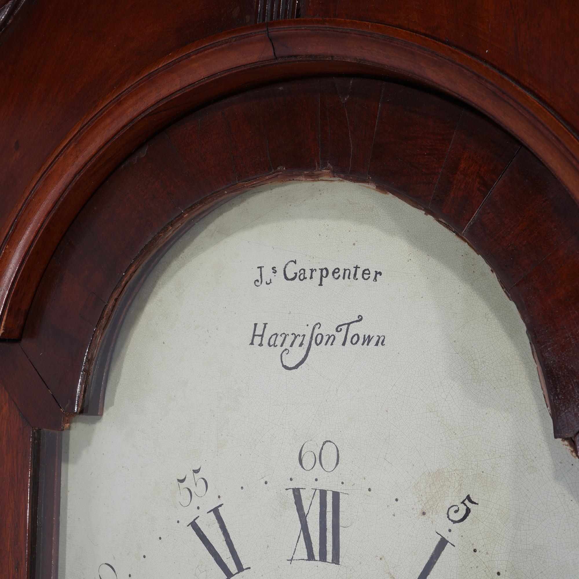 ***Ask About Reduced In-House Delivery Rates - Reliable Professional Service & Fully Insured***
Antique English J. Carpenter Harris Town Flame Mahogany Grandfather Clock with Broken Arch Crest & Brass Finials 19thC

Measures - 93