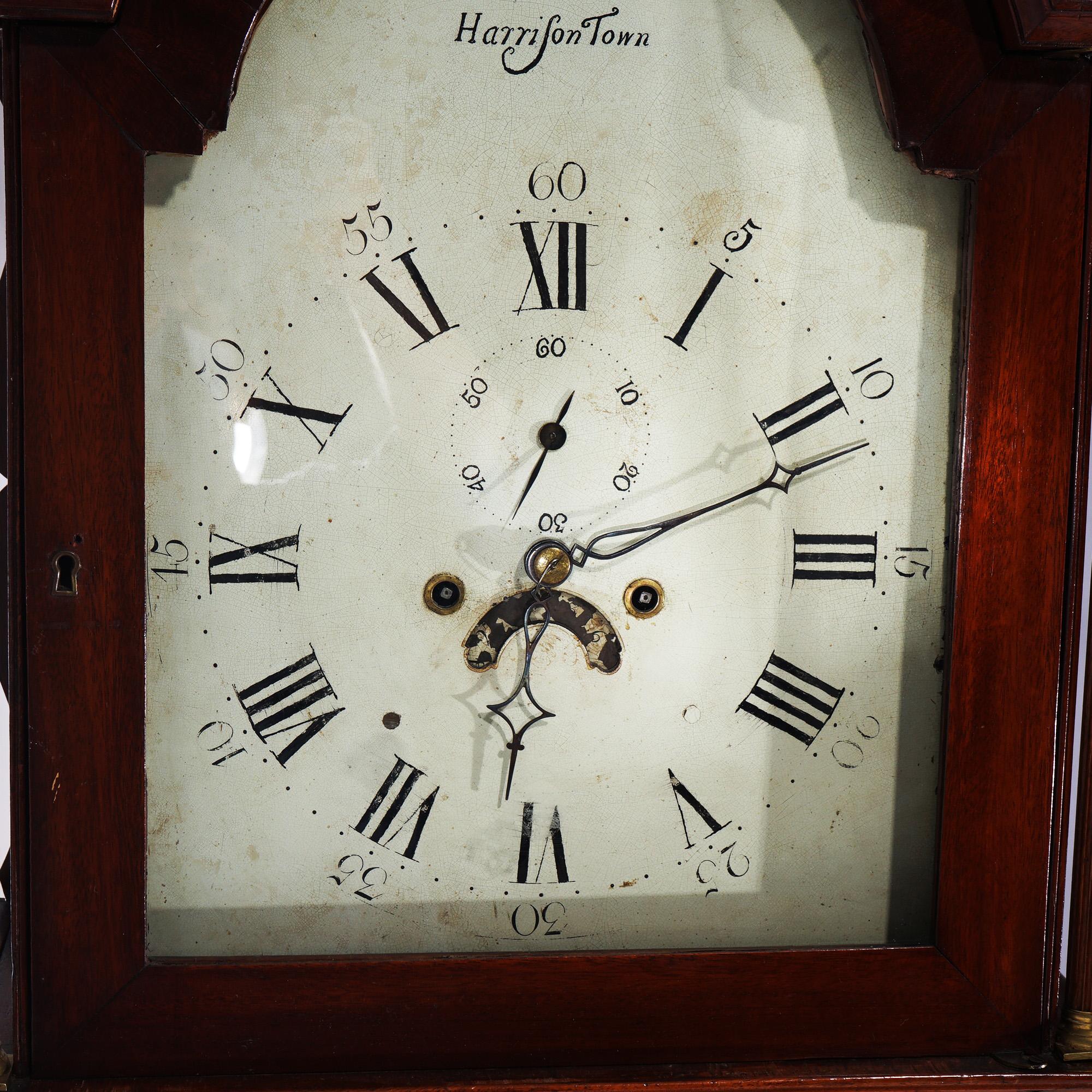 Antique English J. Carpenter Harris Town Flame Mahogany Grandfather Clock 19thC In Good Condition For Sale In Big Flats, NY