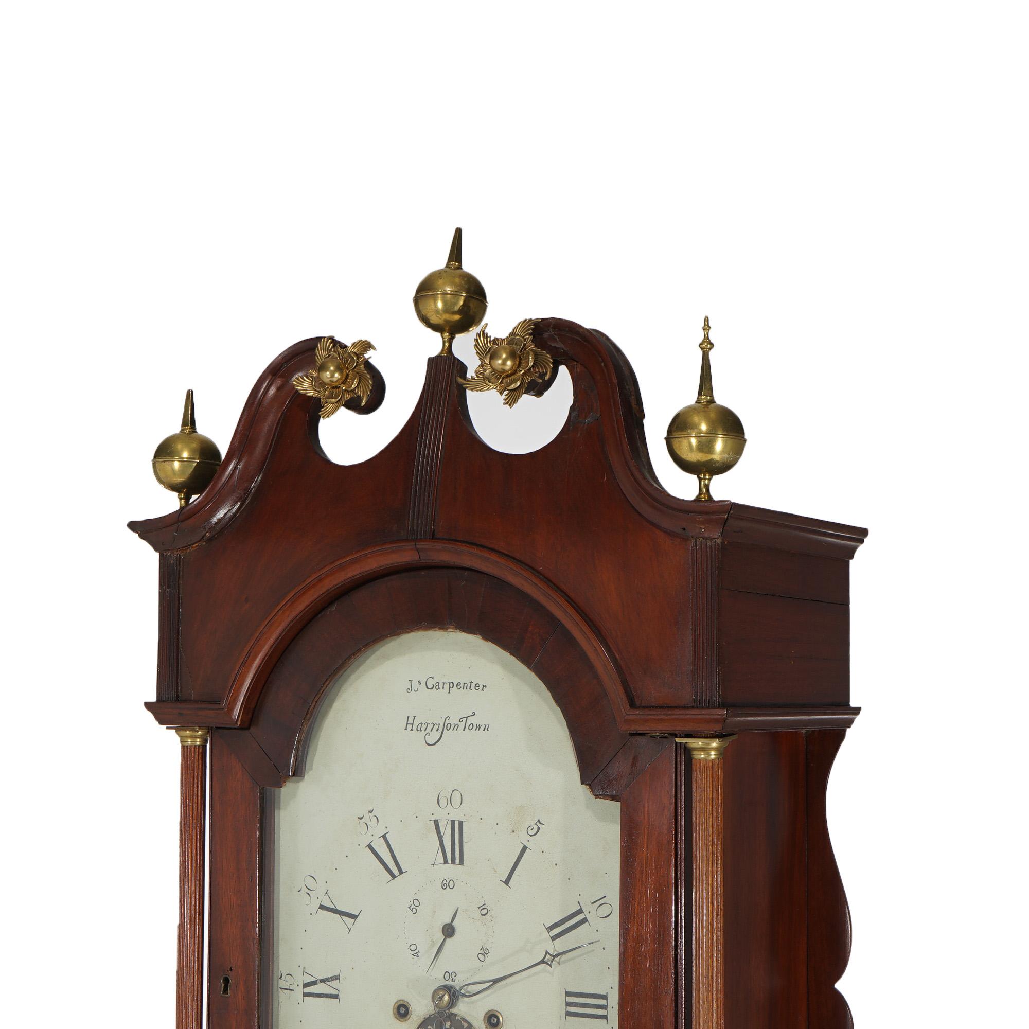 Ancienne horloge de grand-père anglaise J. Carpenter, Harris Town, en acajou flammé, 19e siècle Bon état - En vente à Big Flats, NY