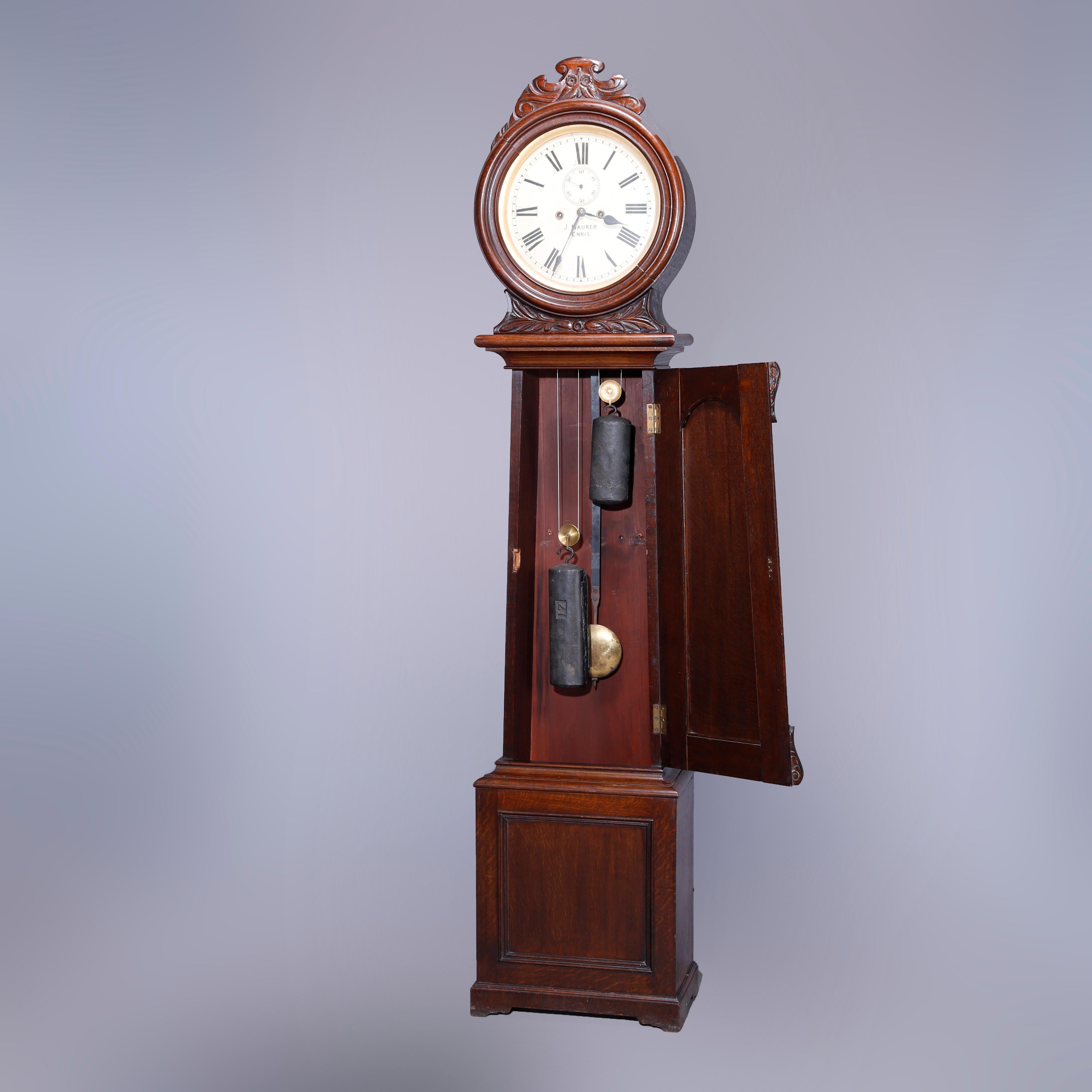 European Antique English J Maurer, Ennis Oak Weight Driven Tall Case Clock, c1860