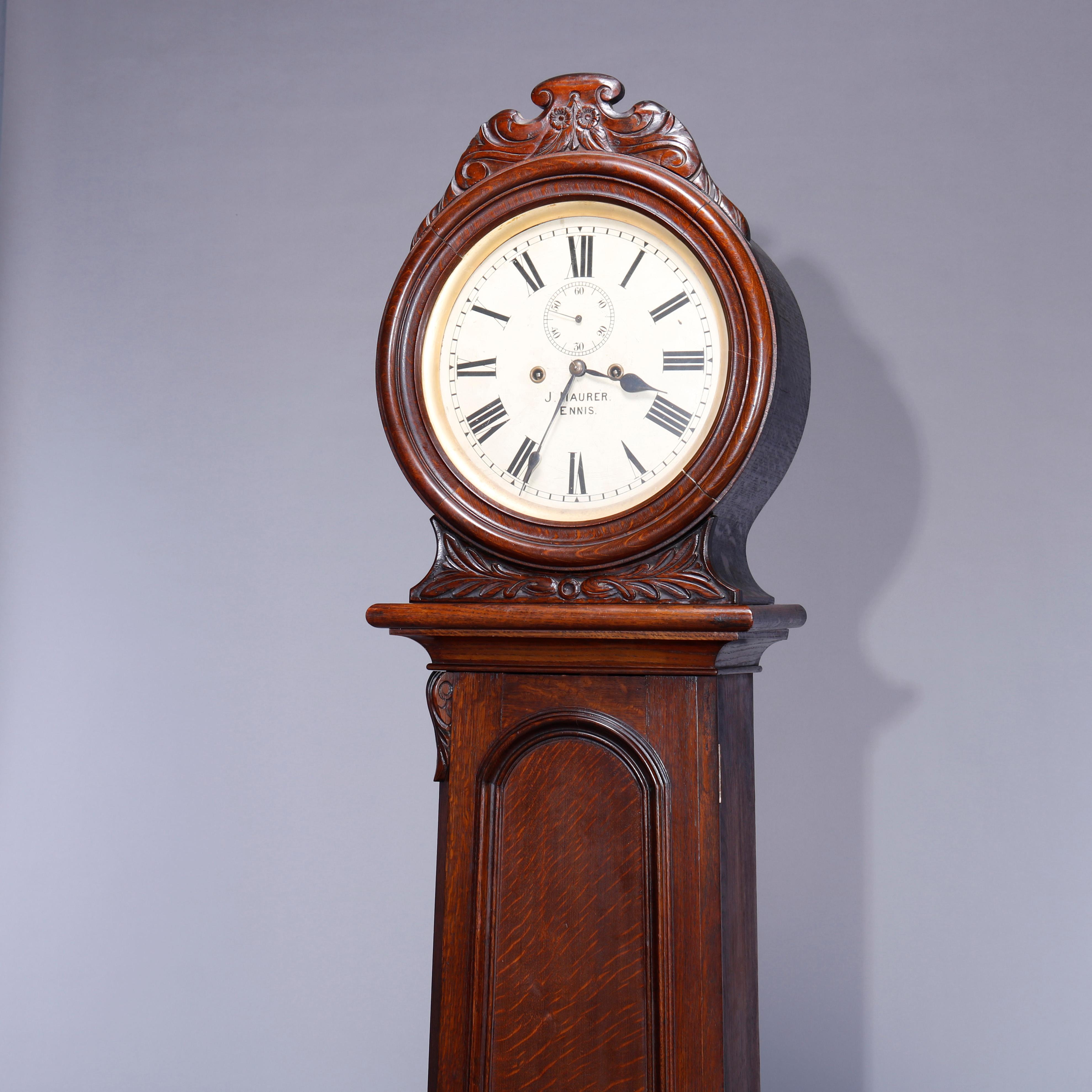 Antique English J Maurer, Ennis Oak Weight Driven Tall Case Clock, c1860 In Good Condition In Big Flats, NY