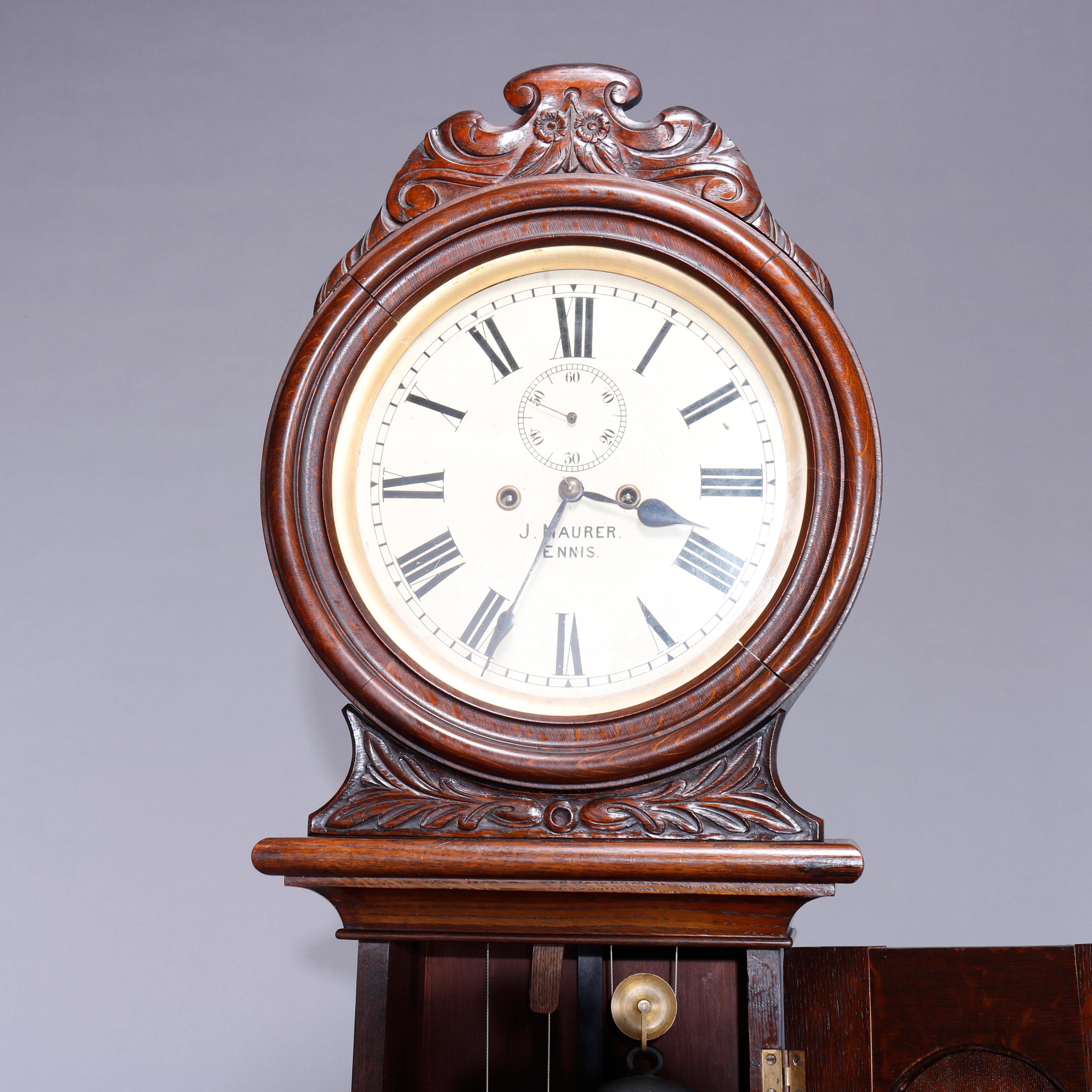 Antique English J Maurer, Ennis Oak Weight Driven Tall Case Clock, c1860 1