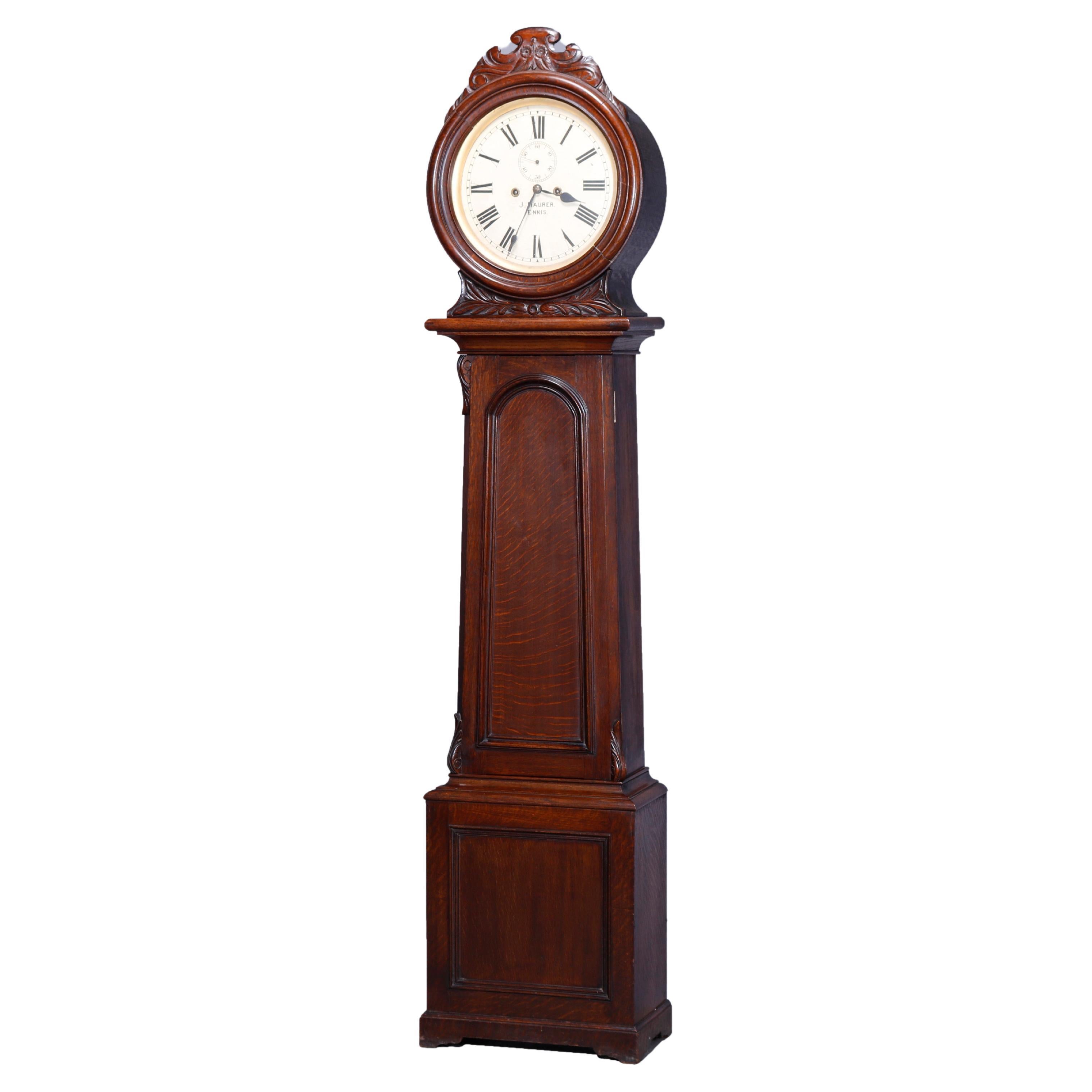 Antique English J Maurer, Ennis Oak Weight Driven Tall Case Clock, c1860