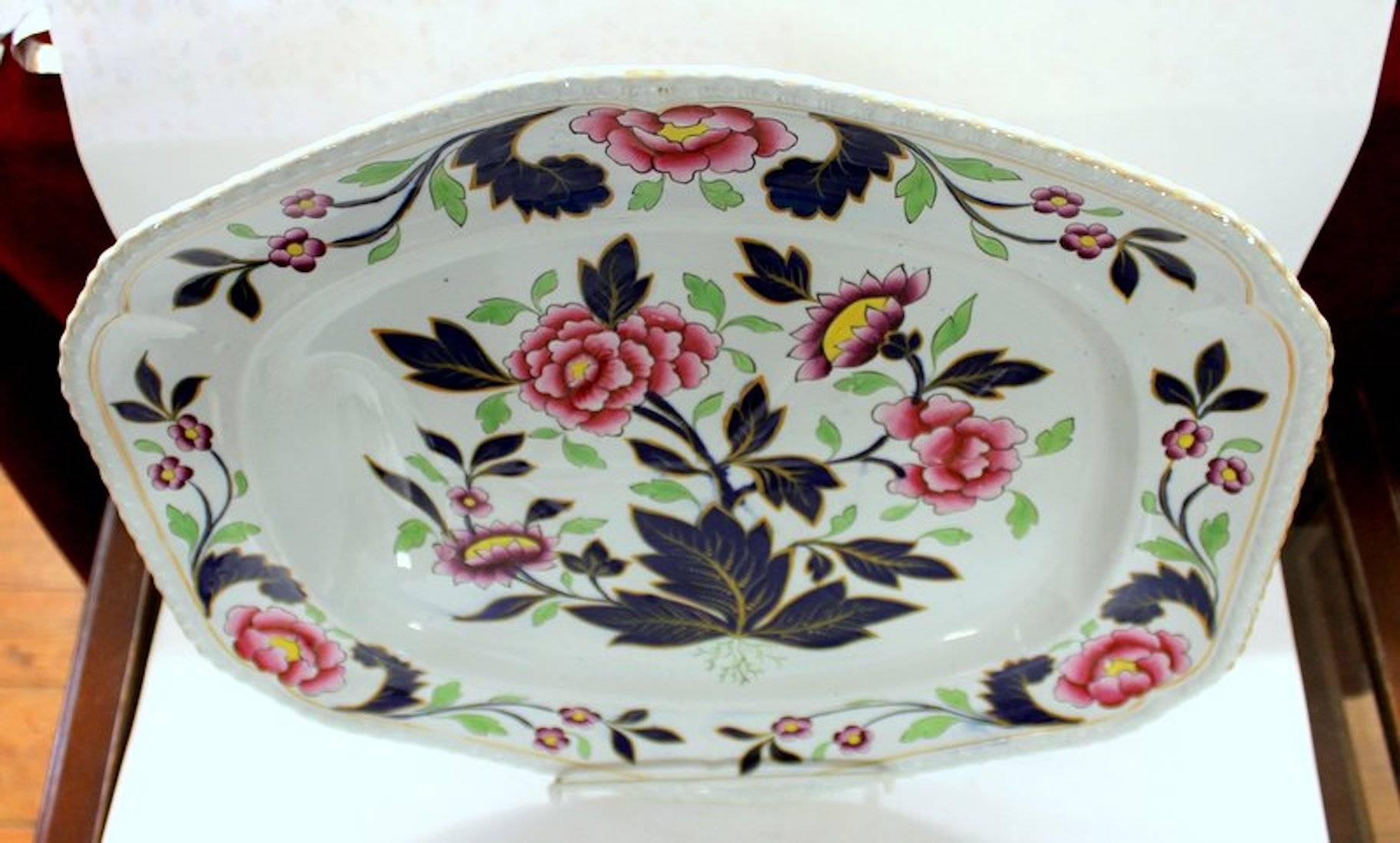 Fabulous quality antique English John & William Ridgway ironstone hand-painted Imari large well and tree platter.

Printed maker's mark for John and William Ridgway 
Shelton, Hanley (Staffordshire)

A/F small, tight hairline top centre, 1.5