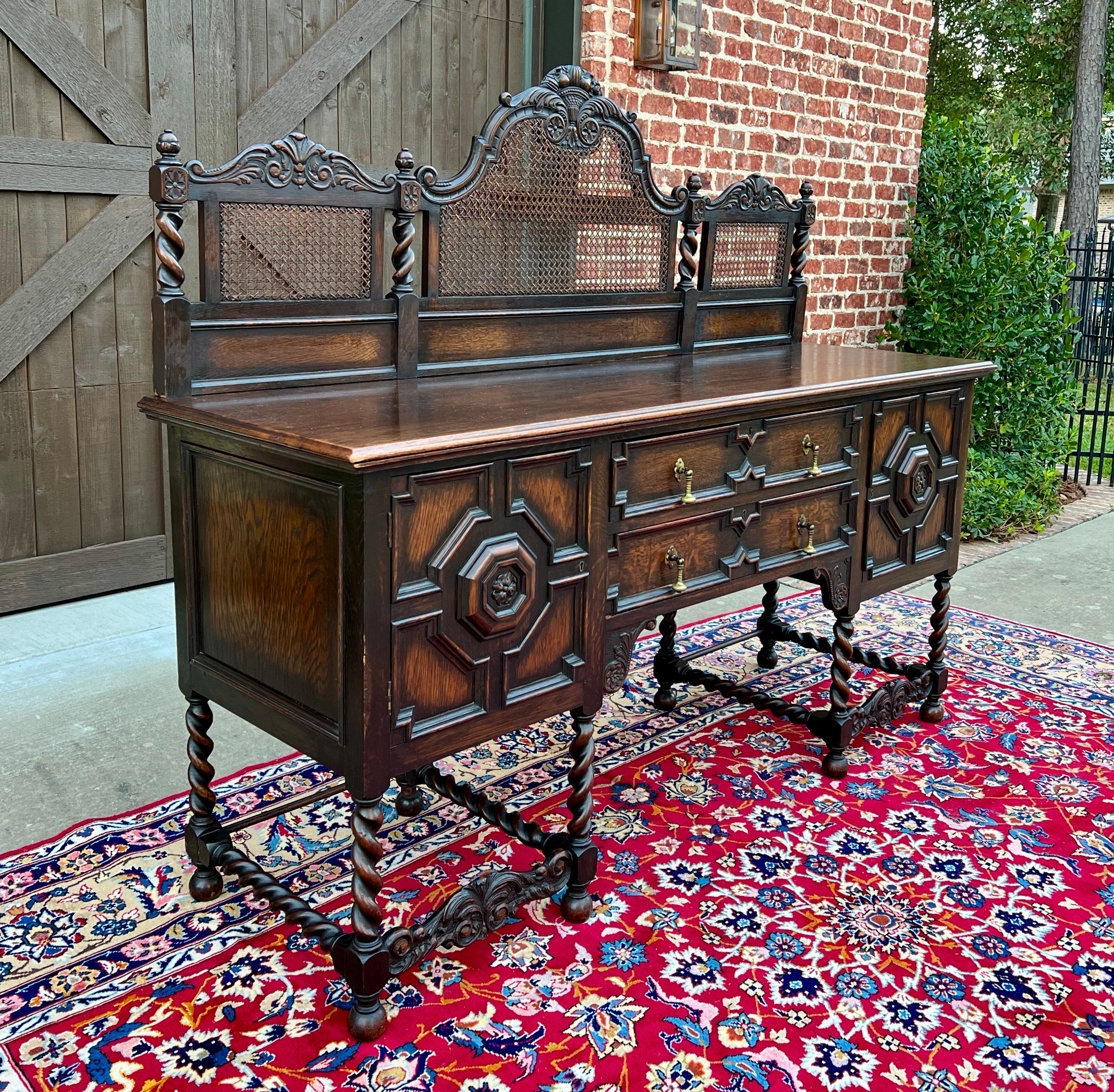 Carved Antique English Jacobean Barley Twist Sideboard Server Buffet Oak c. 1930s For Sale