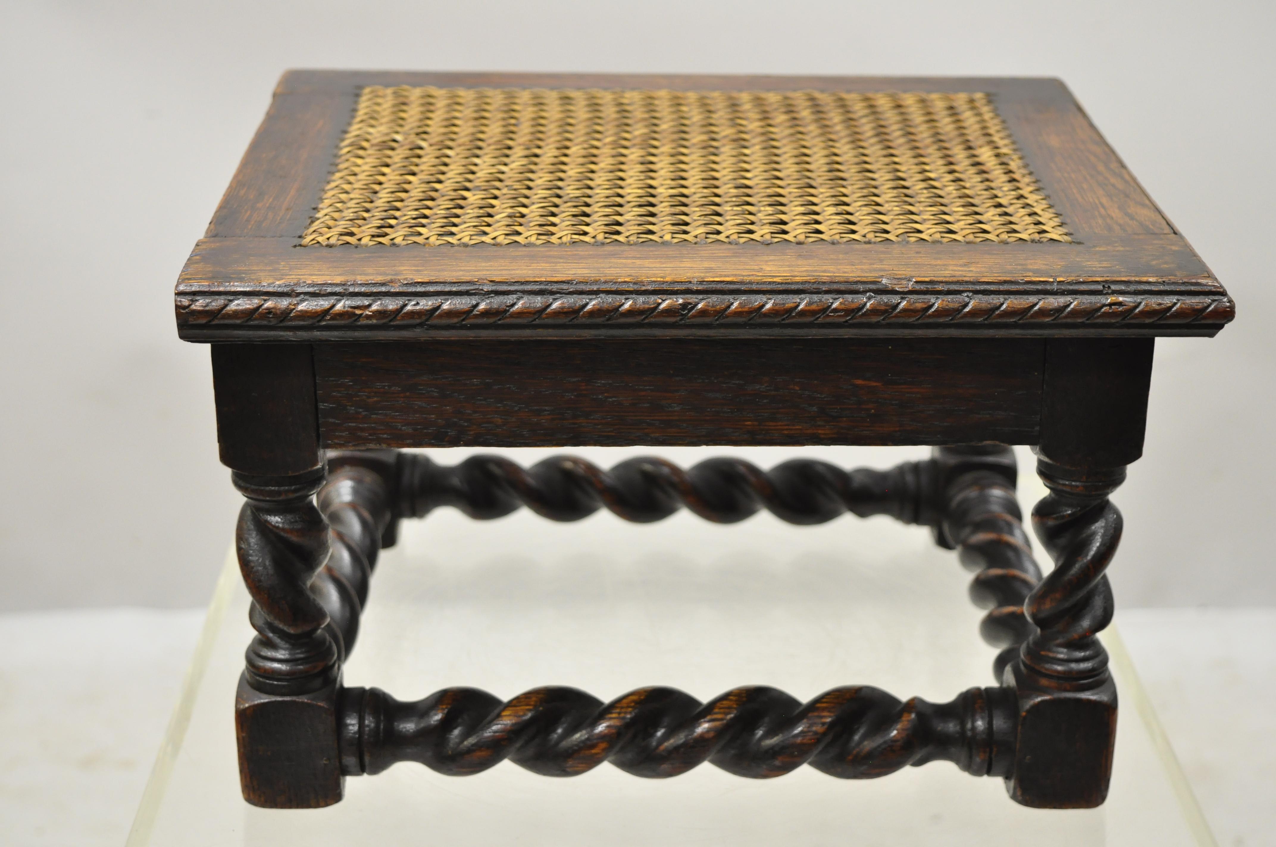 Antique English Jacobean Barley Twist Small Oak Footstool Ottoman Cane Seat 6