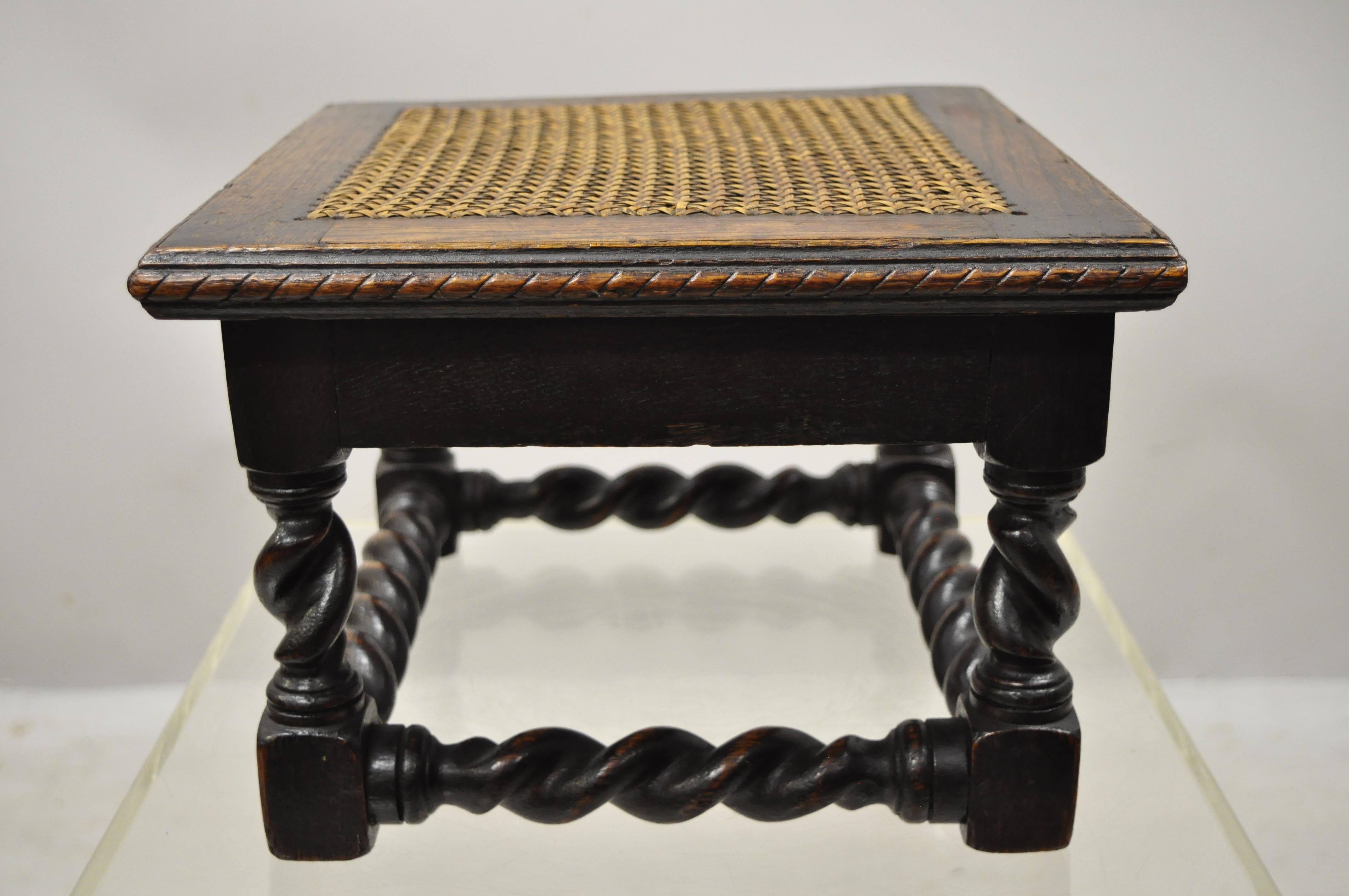 Antique English Jacobean Barley Twist Small Oak Footstool Ottoman Cane Seat 7