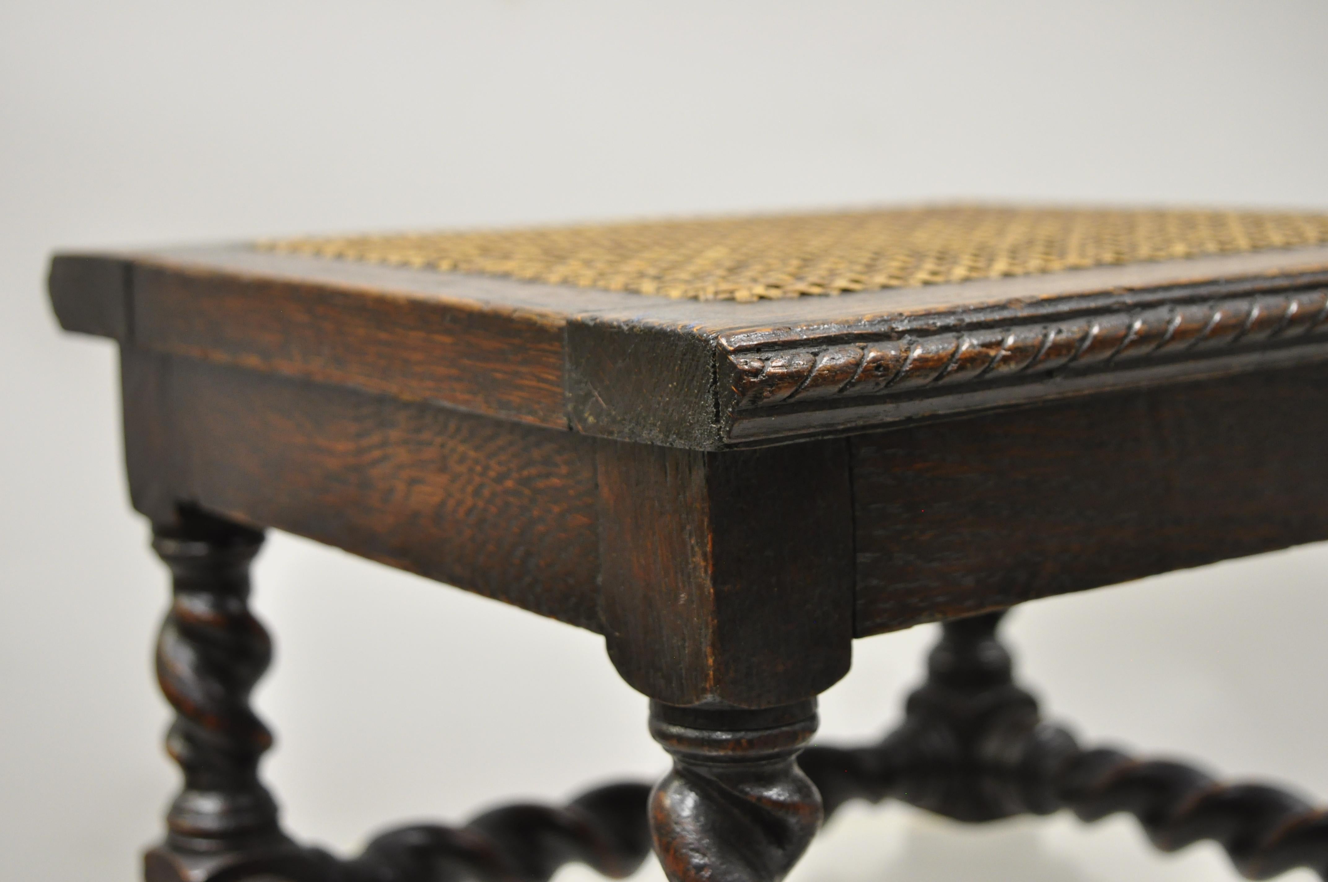 Antique English Jacobean Barley Twist Small Oak Footstool Ottoman Cane Seat 2