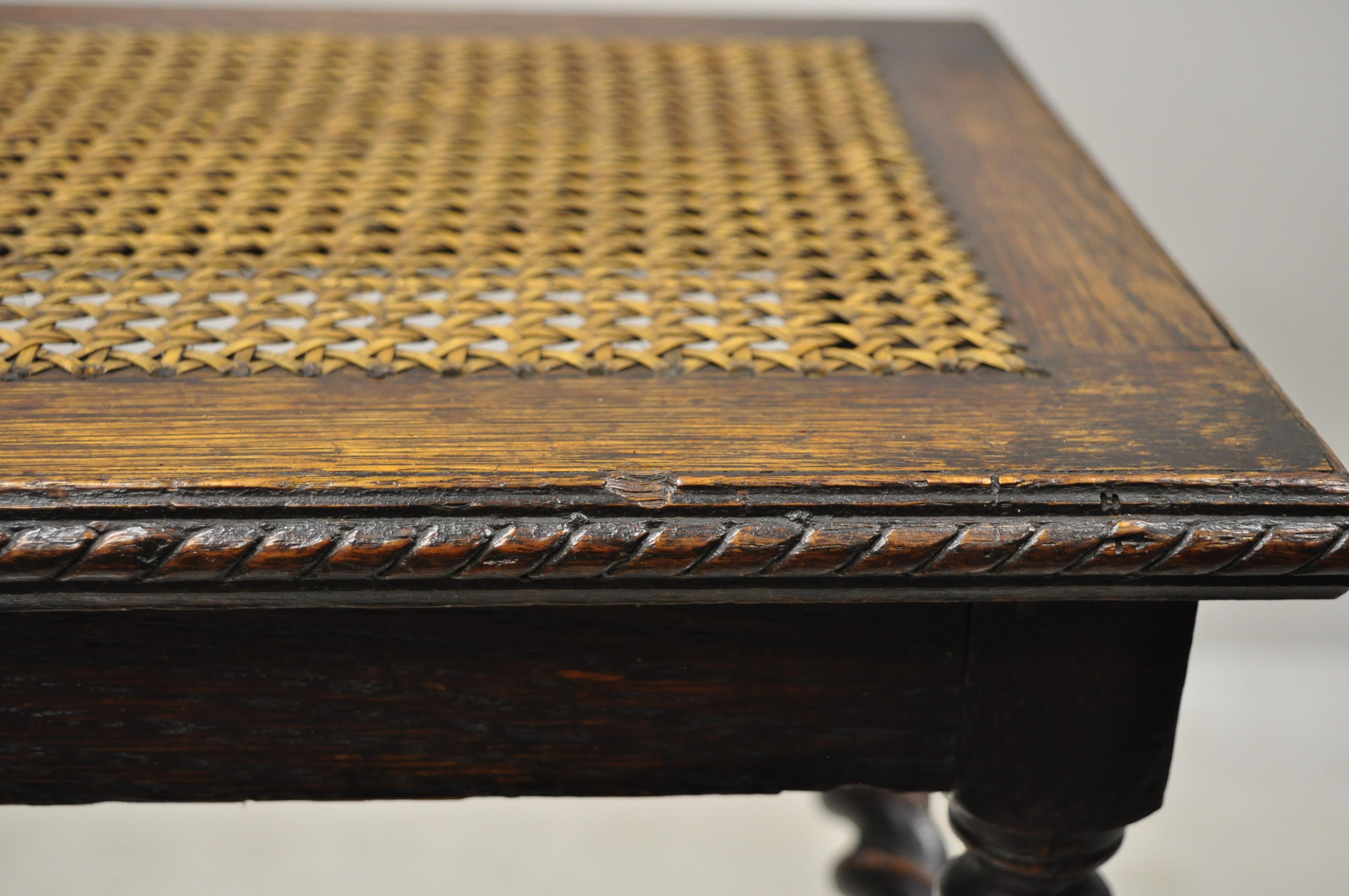 Antique English Jacobean Barley Twist Small Oak Footstool Ottoman Cane Seat 3