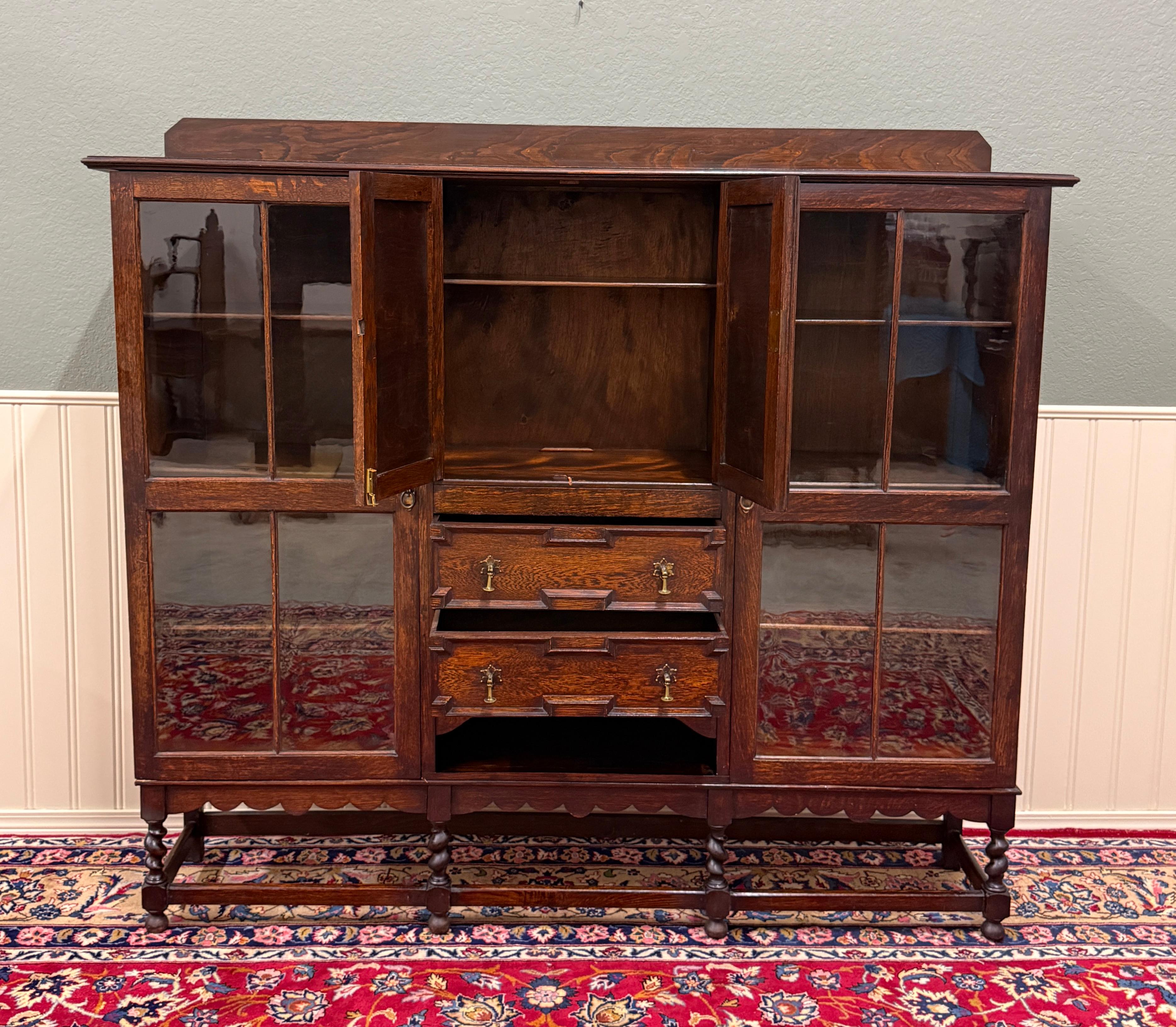 Antique English Jacobean Bookcase Bookshelf Cabinet Barley Twist Wavy Glass Oak For Sale 5