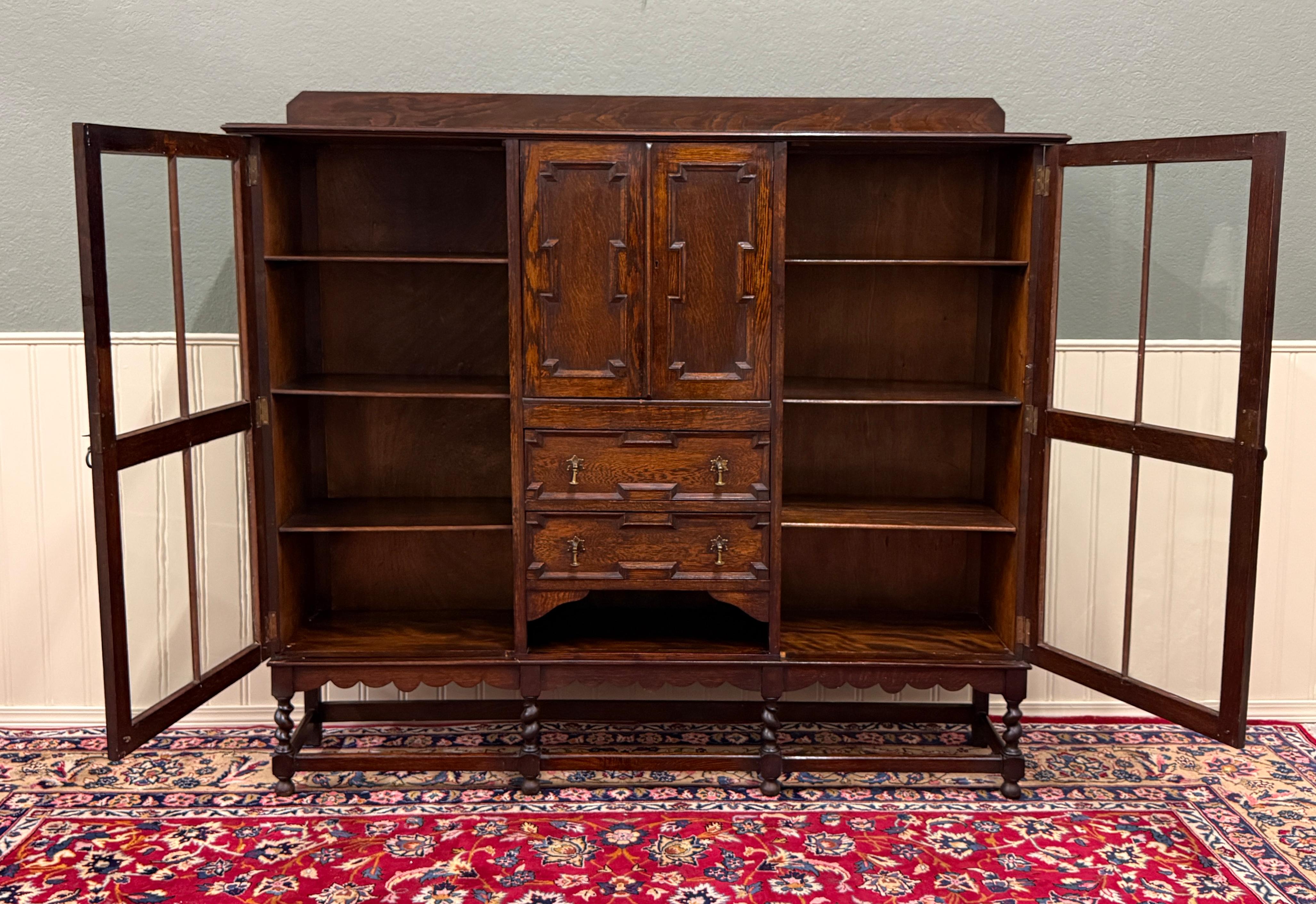 Antique English Jacobean Bookcase Bookshelf Cabinet Barley Twist Wavy Glass Oak For Sale 6