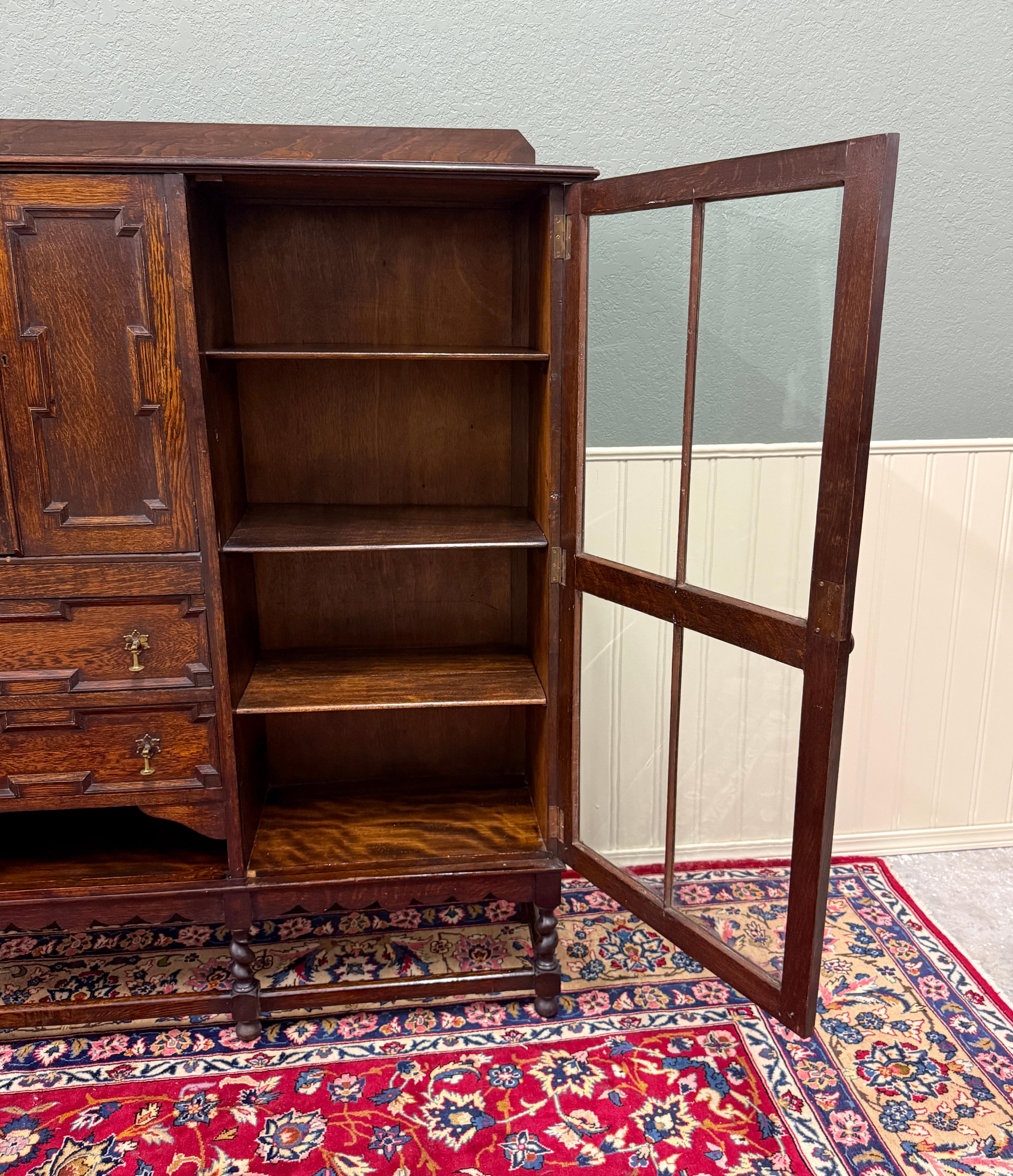 Antique English Jacobean Bookcase Bookshelf Cabinet Barley Twist Wavy Glass Oak For Sale 7