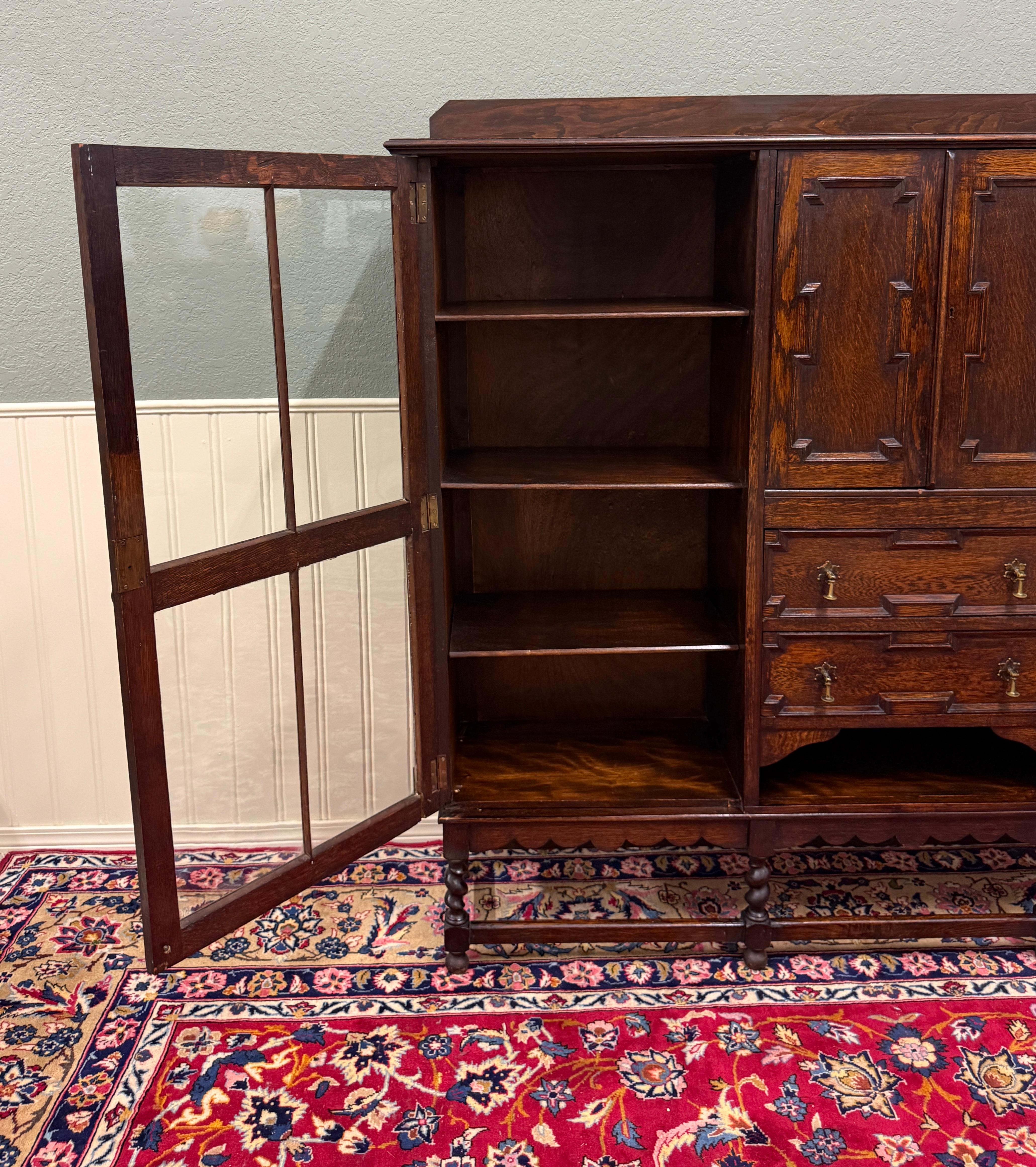 Antique English Jacobean Bookcase Bookshelf Cabinet Barley Twist Wavy Glass Oak For Sale 8