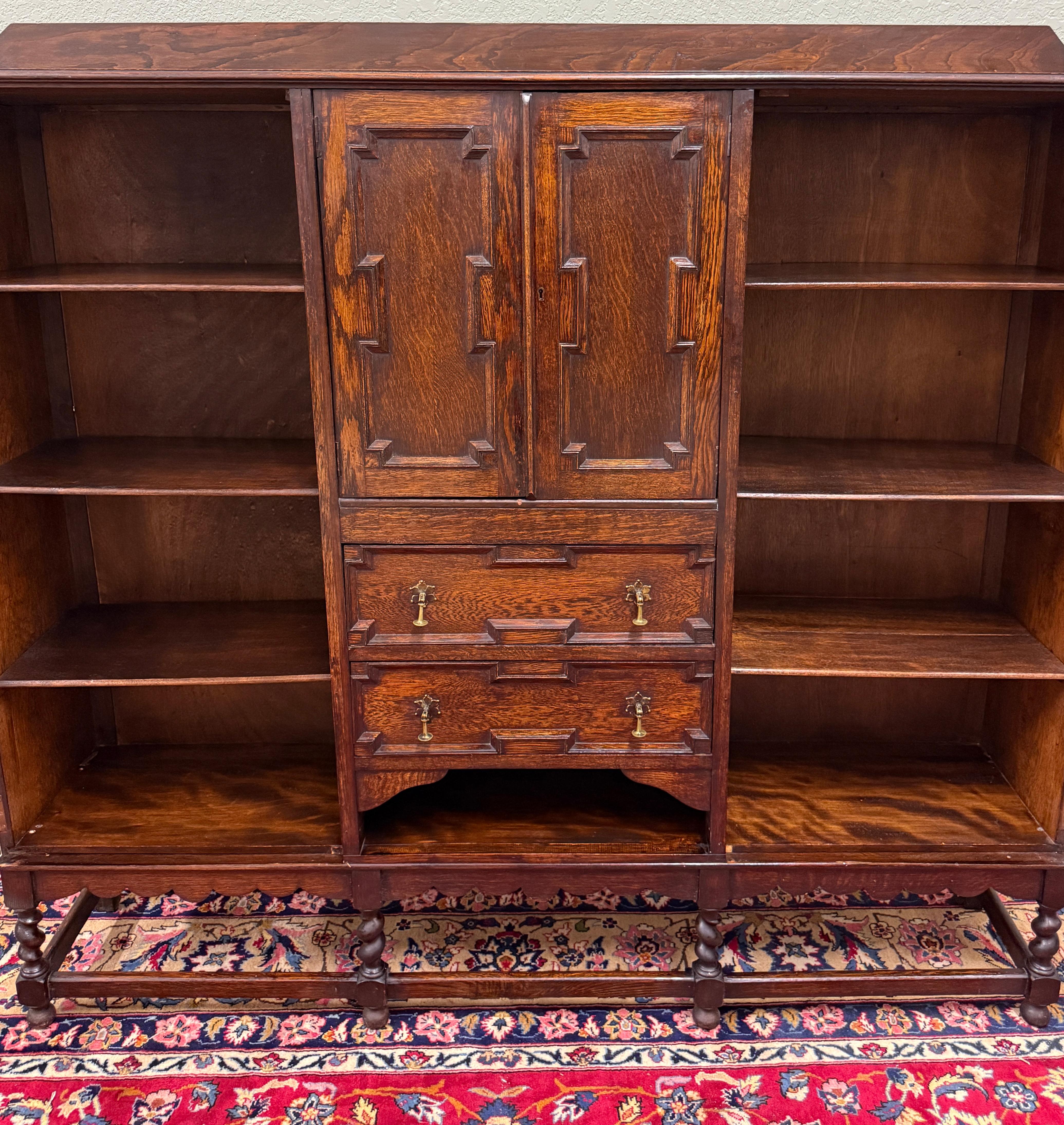 Antique English Jacobean Bookcase Bookshelf Cabinet Barley Twist Wavy Glass Oak For Sale 9