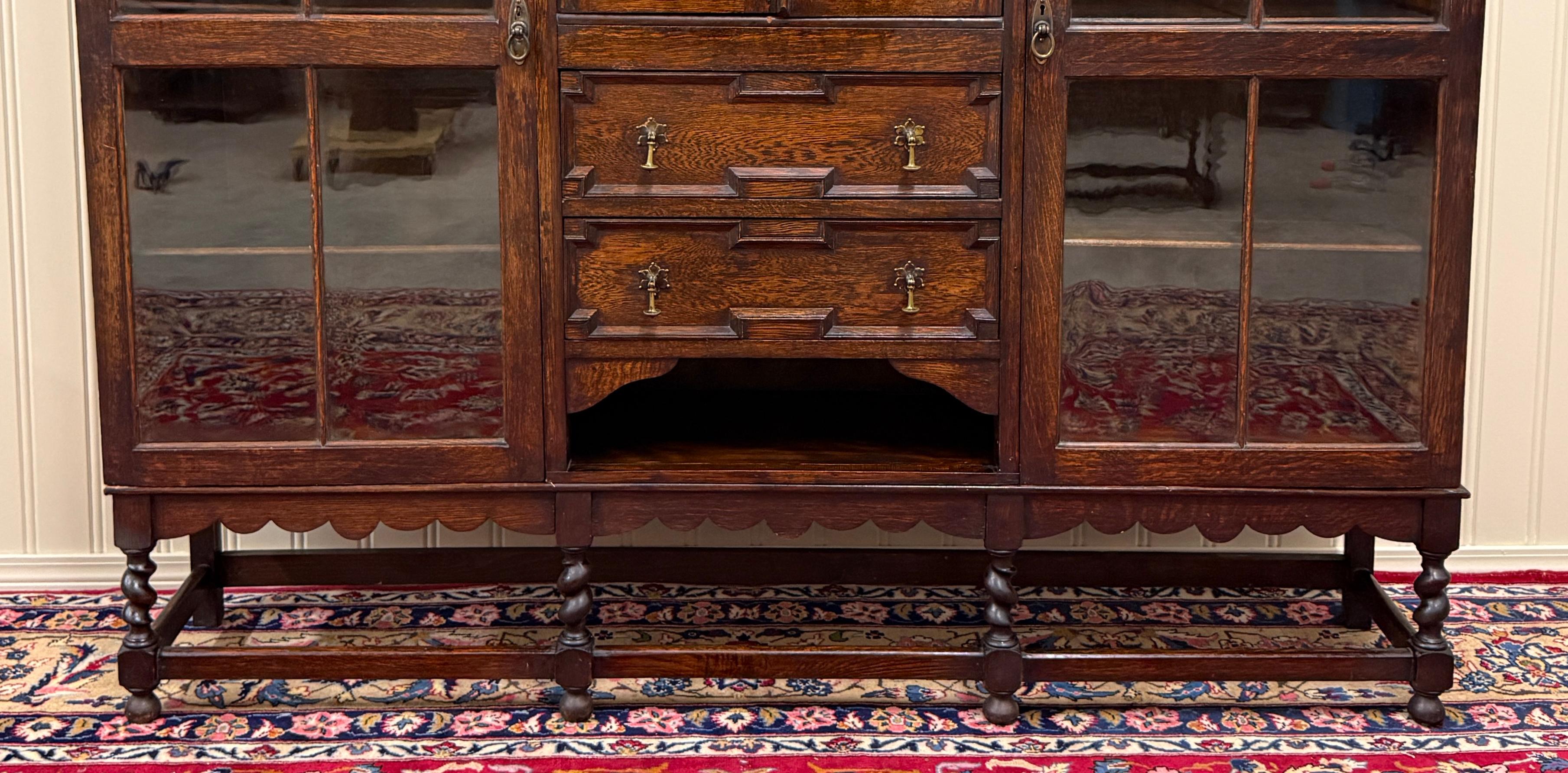 Antique English Jacobean Bookcase Bookshelf Cabinet Barley Twist Wavy Glass Oak For Sale 11