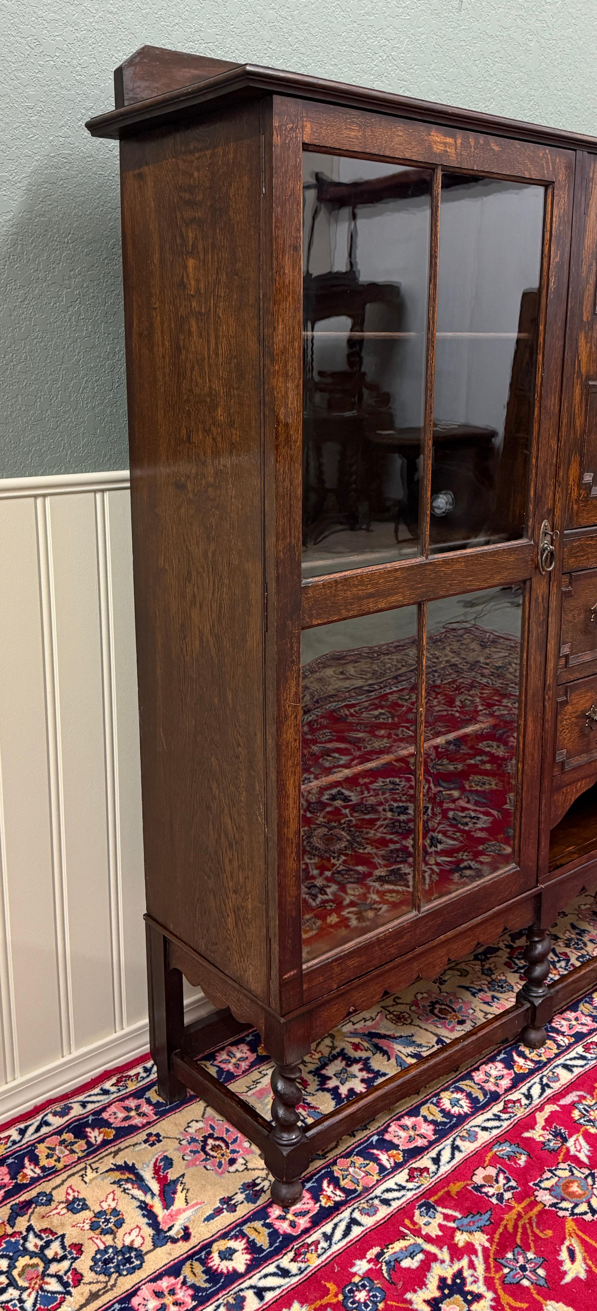 Antique English Jacobean Bookcase Bookshelf Cabinet Barley Twist Wavy Glass Oak For Sale 12