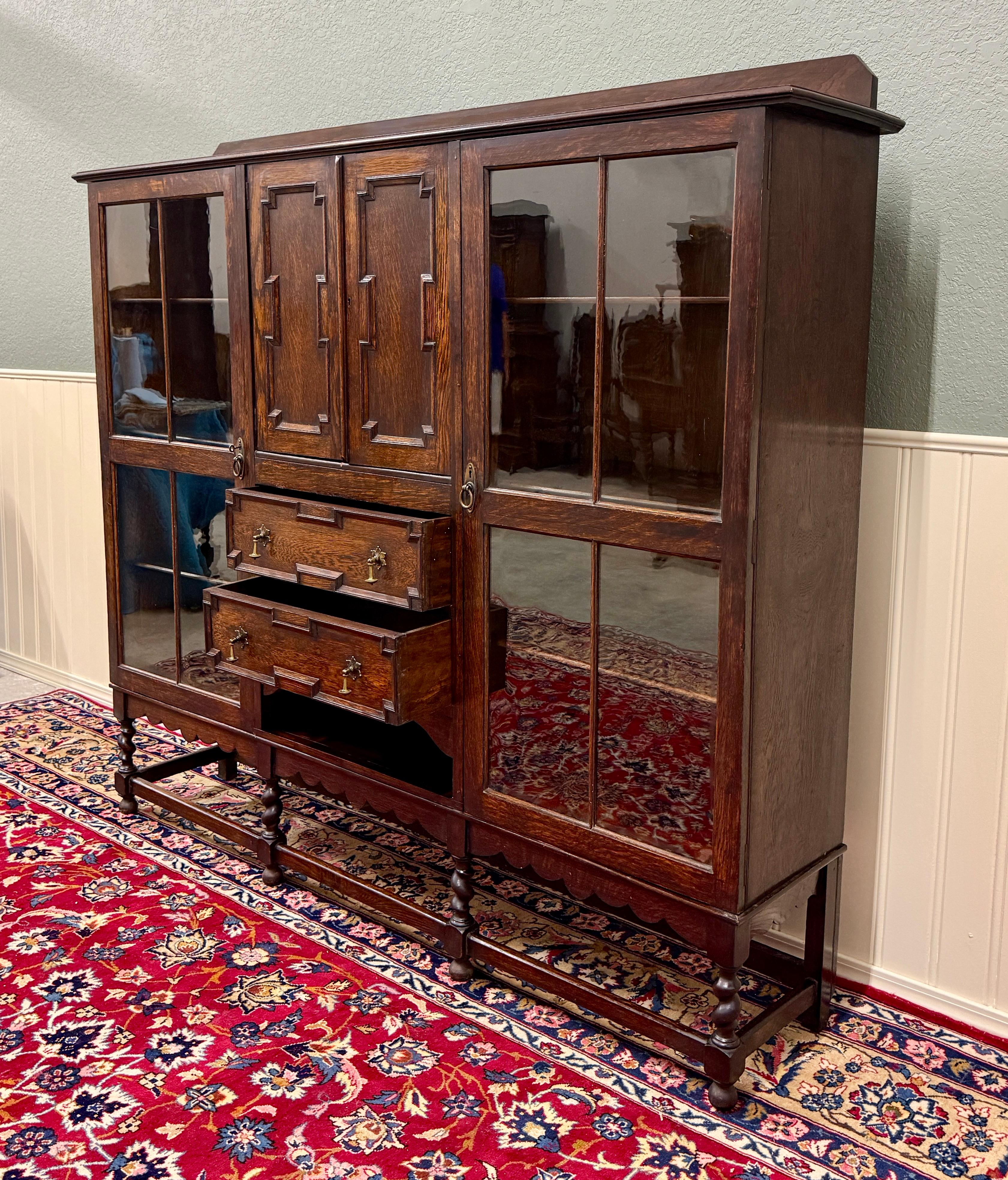 Antique English Jacobean Bookcase Bookshelf Cabinet Barley Twist Wavy Glass Oak For Sale 13