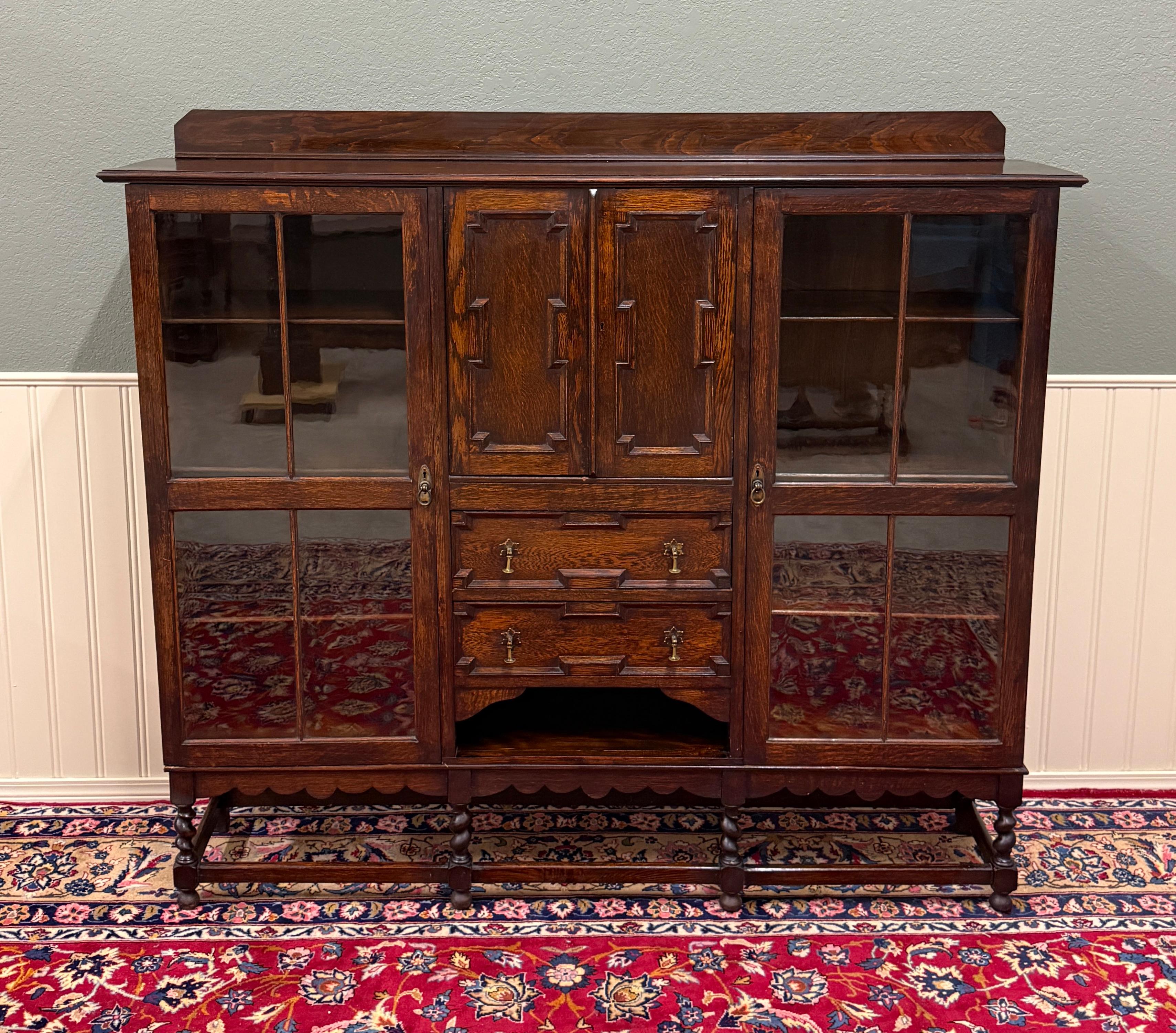 BEAUTIFUL Antique English Jacobean Oak Bookcase or Display Cabinet with Double 
