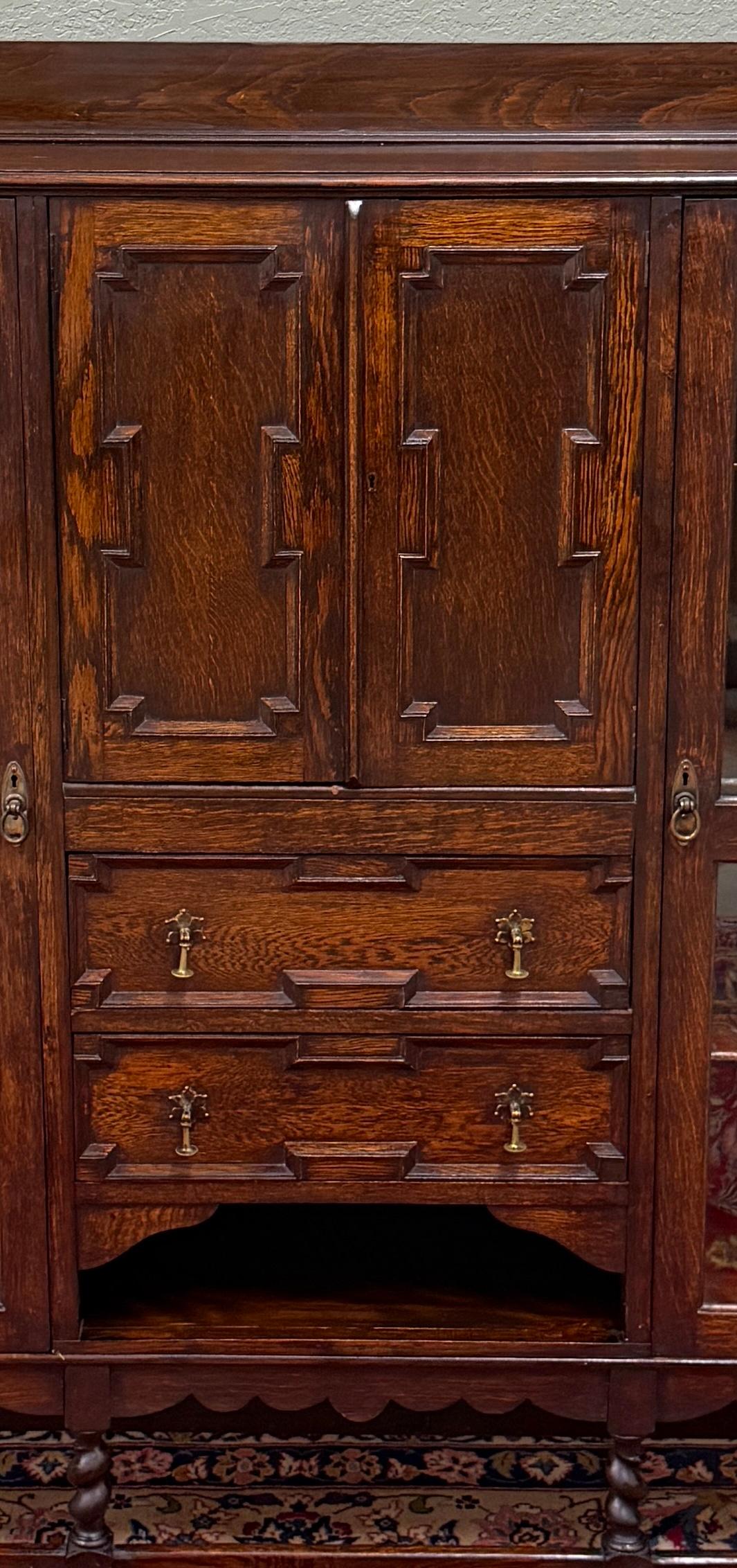 Carved Antique English Jacobean Bookcase Bookshelf Cabinet Barley Twist Wavy Glass Oak For Sale