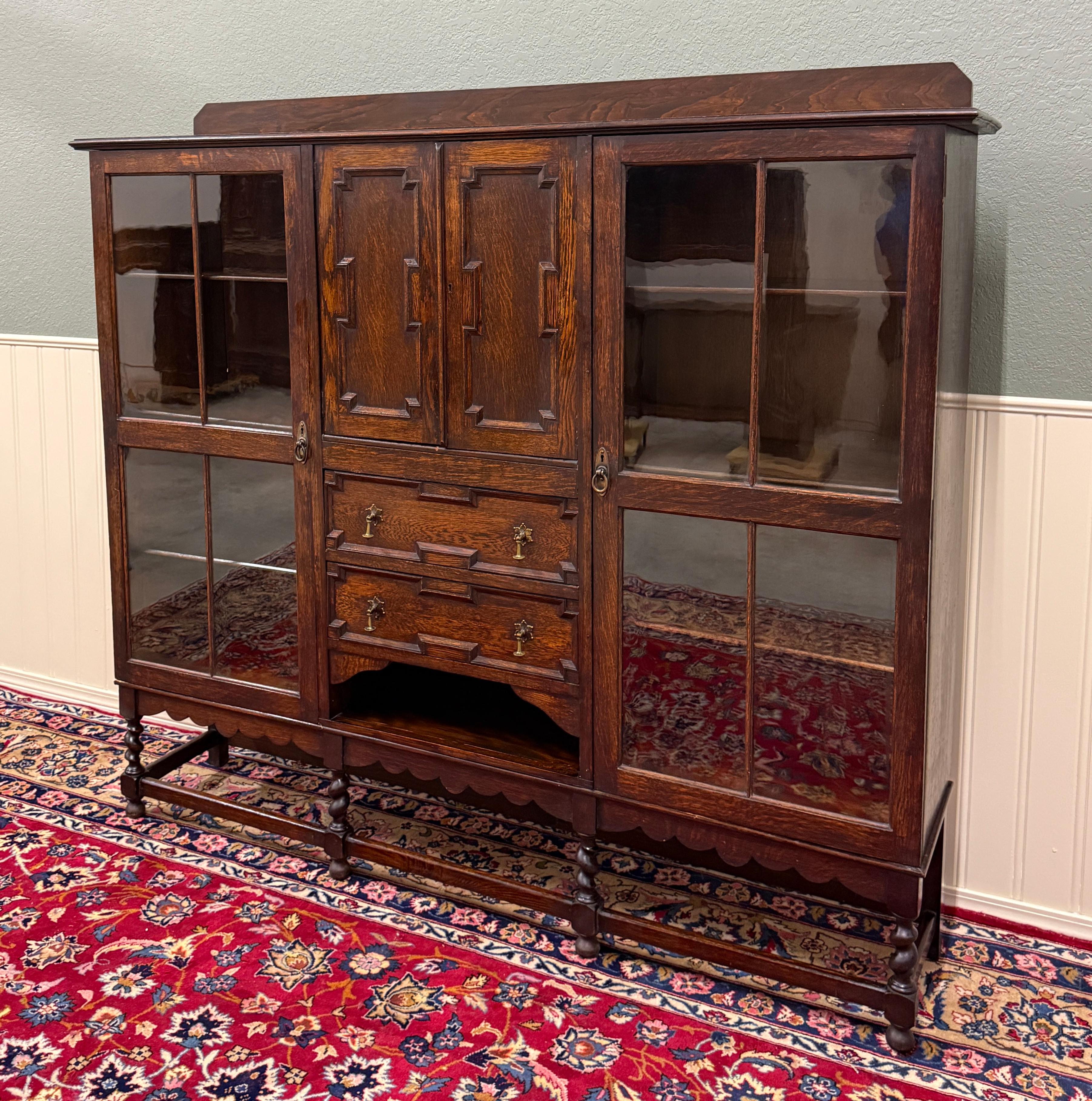 Antique English Jacobean Bookcase Bookshelf Cabinet Barley Twist Wavy Glass Oak In Good Condition For Sale In Tyler, TX