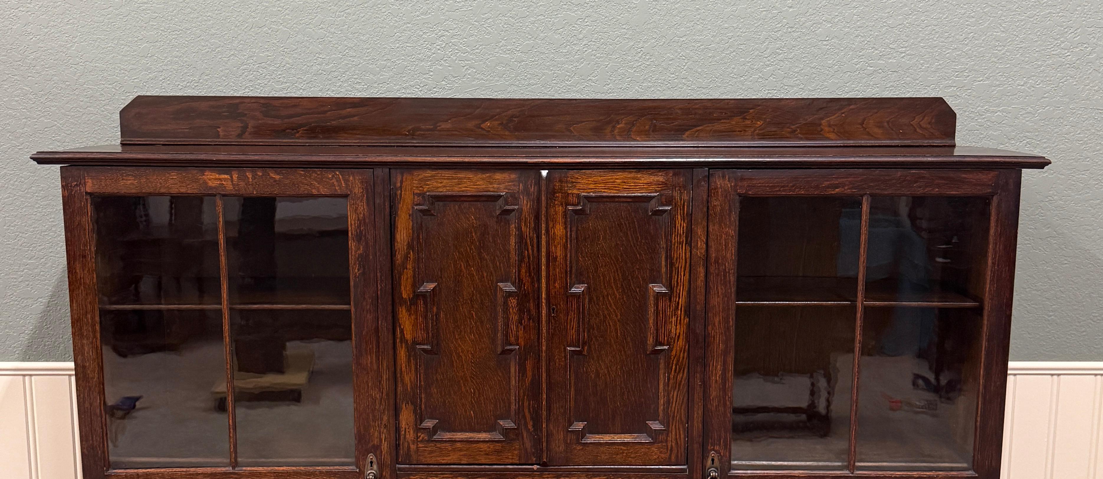 Antique English Jacobean Bookcase Bookshelf Cabinet Barley Twist Wavy Glass Oak For Sale 2