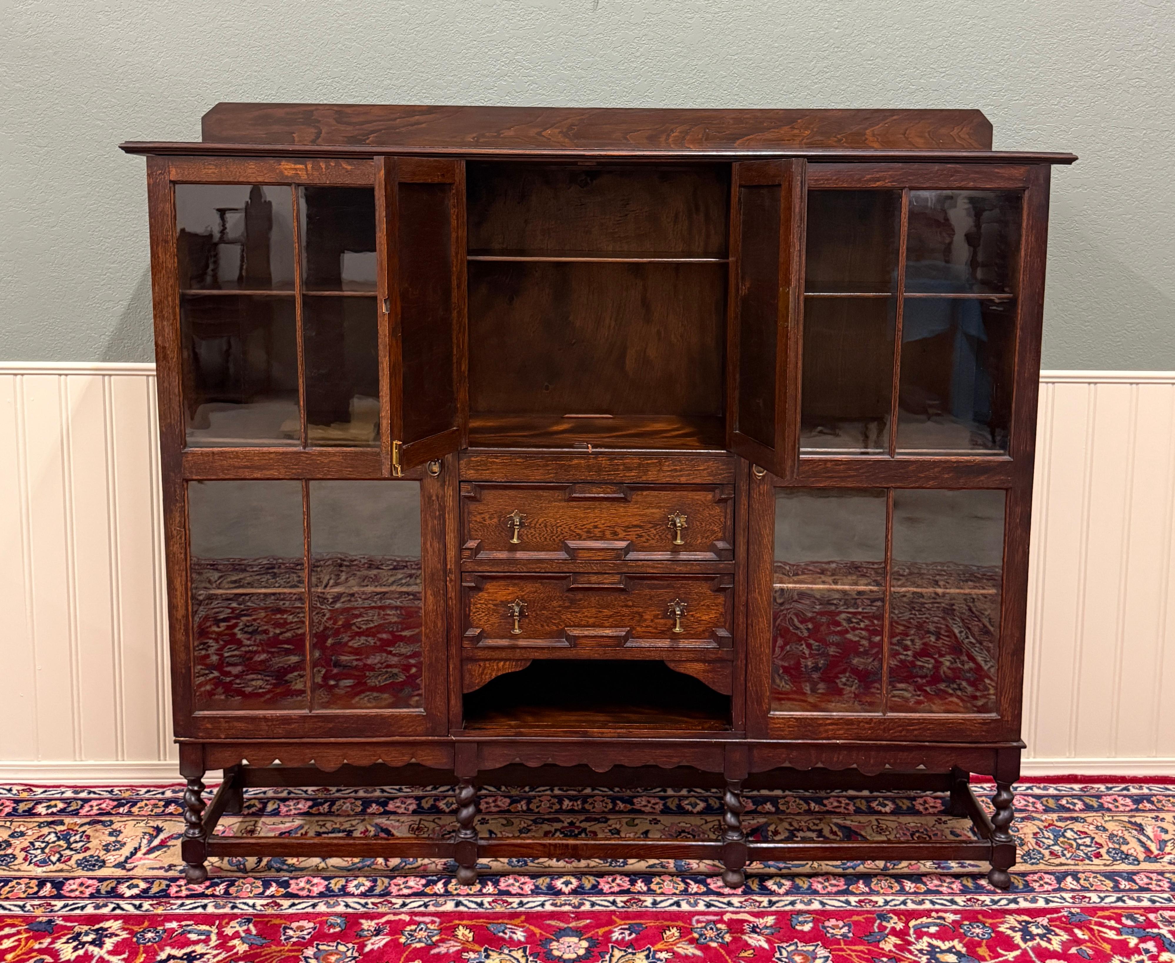 Antique English Jacobean Bookcase Bookshelf Cabinet Barley Twist Wavy Glass Oak For Sale 4