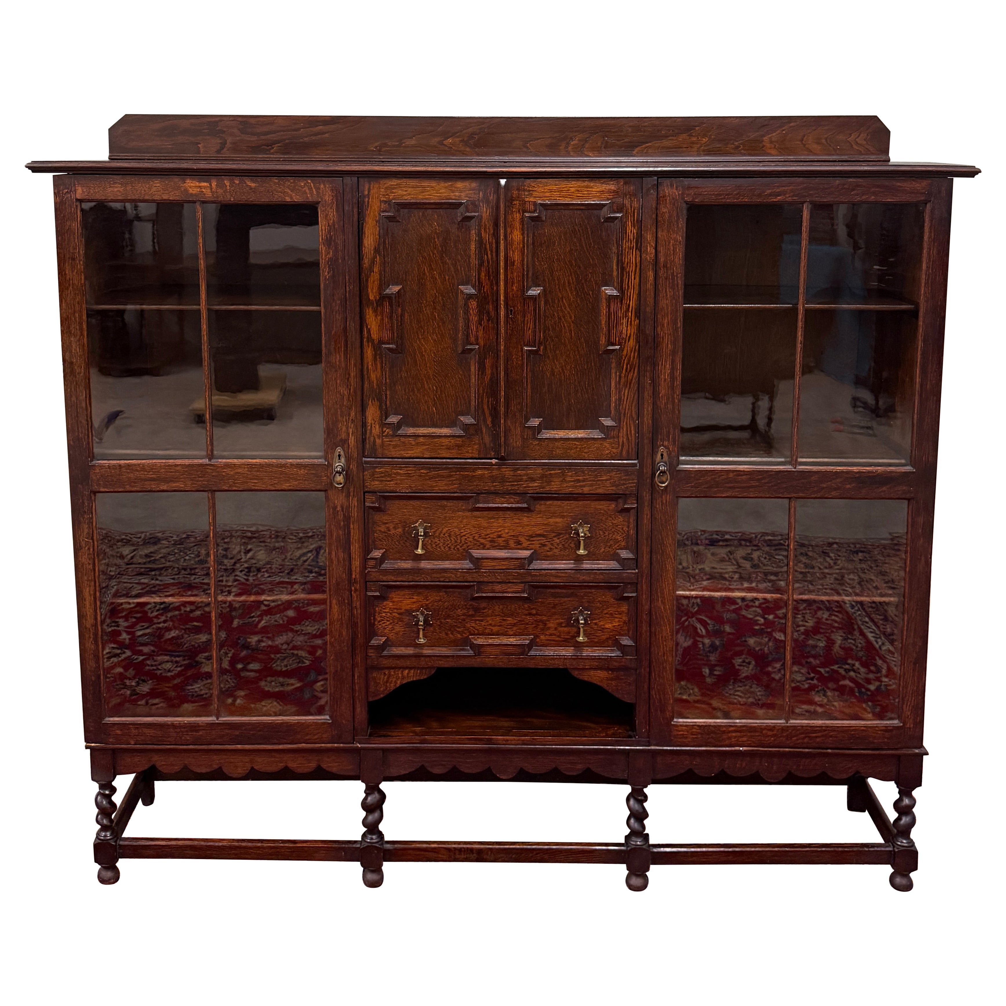 Antiguo Librero Inglés Jacobeo Estantería Gabinete Barley Twist Vidrio Ondulado Roble
