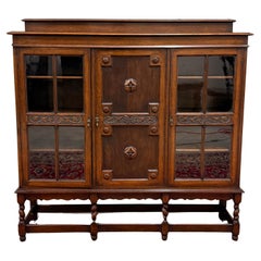 Antique English Jacobean Bookcase Bookshelf Cabinet Barley Twist Wavy Glass Oak