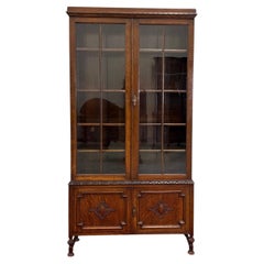 Antique English Jacobean Bookcase Bookshelf Cabinet Double Door Oak c.1930s