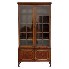 Antique English Jacobean Bookcase Bookshelf Cabinet Double Door Oak c.1930s