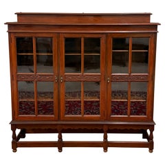 Antique English Jacobean Bookcase Bookshelf Cabinet Wavy 3 Door Glass Mahogany