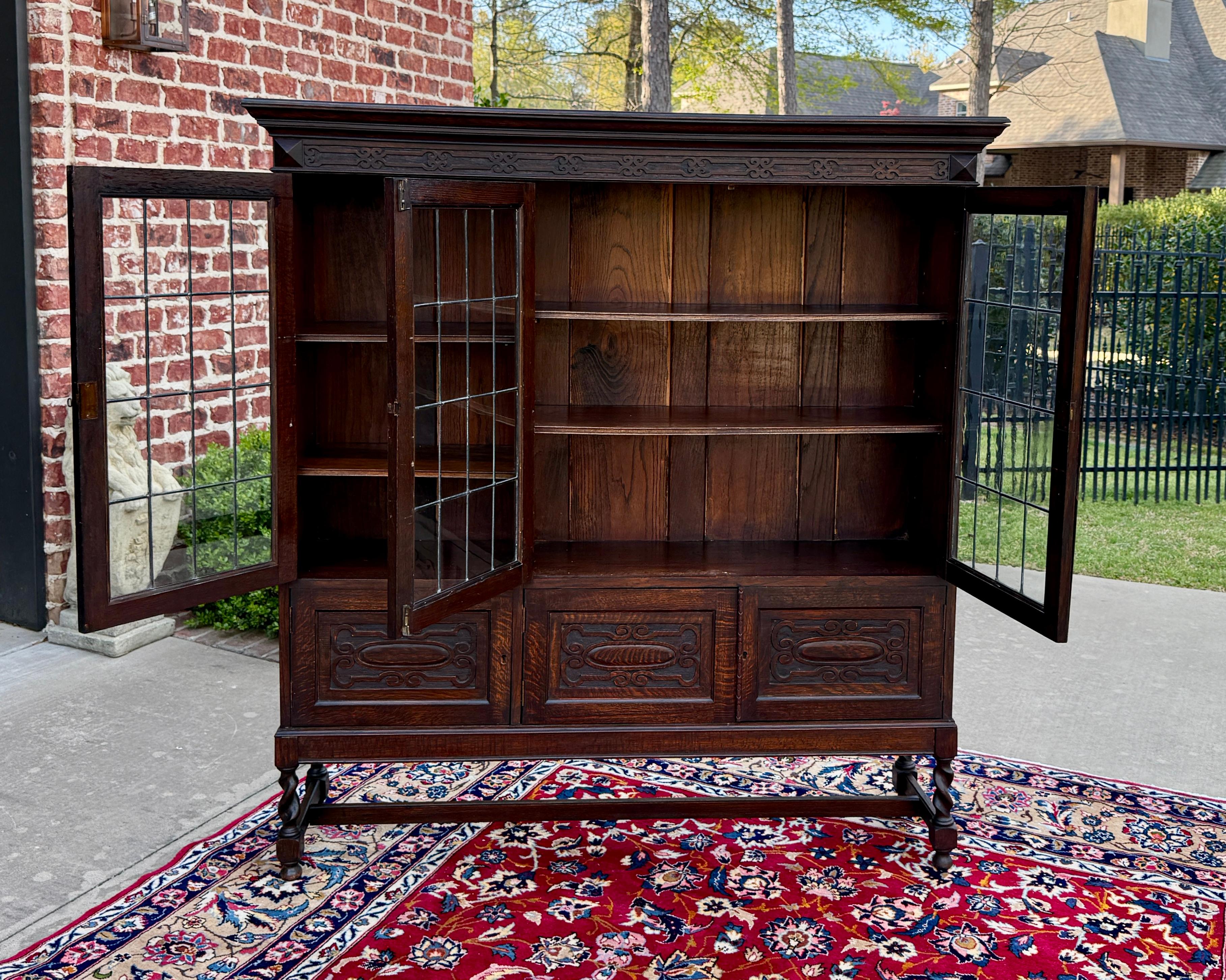 Antigua librería jacobea inglesa Estantería Vitrina Vidrio emplomado Roble 3