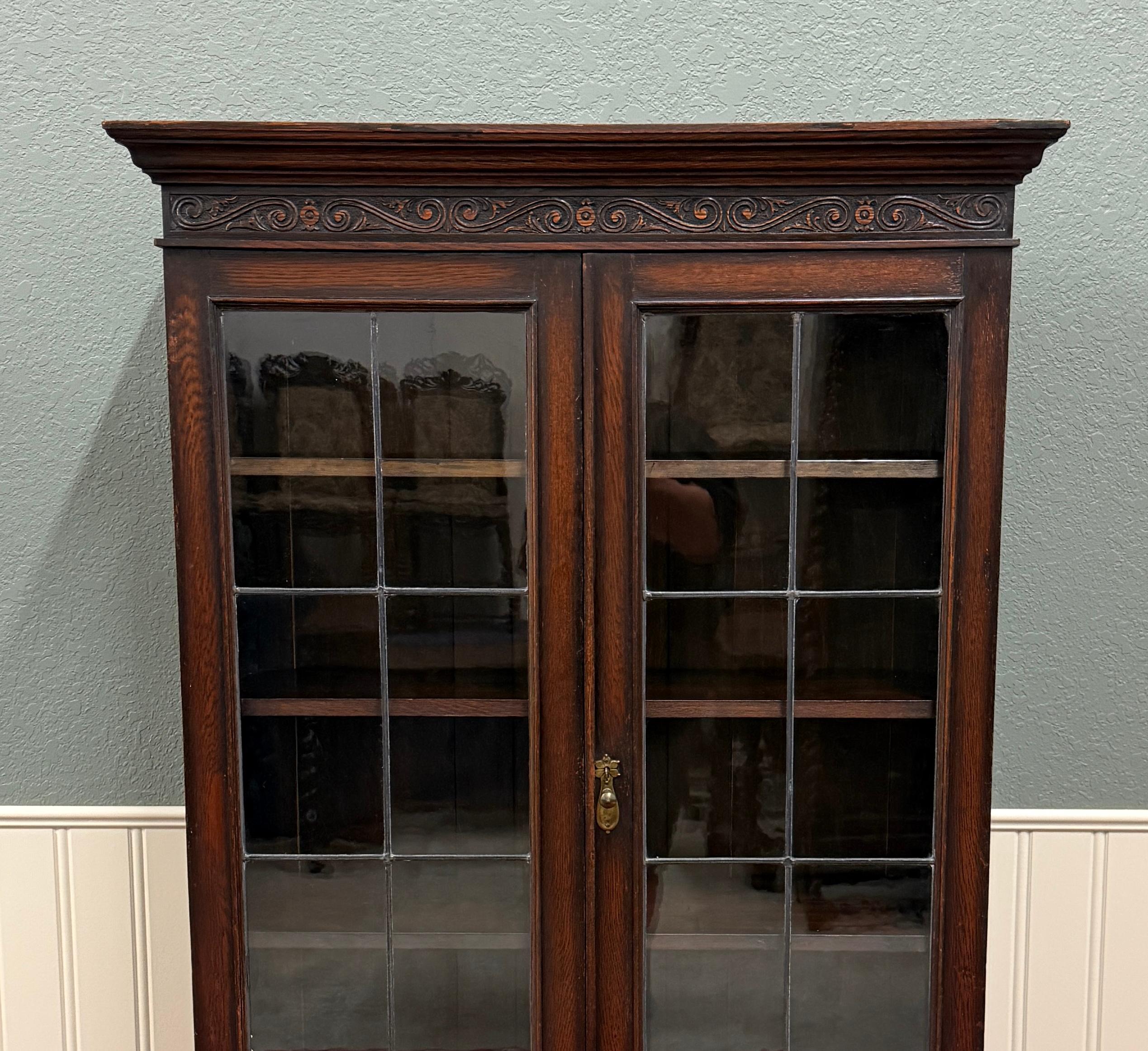 Antique English Jacobean Bookcase Bookshelf Display Cabinet Leaded Glass Oak For Sale 5