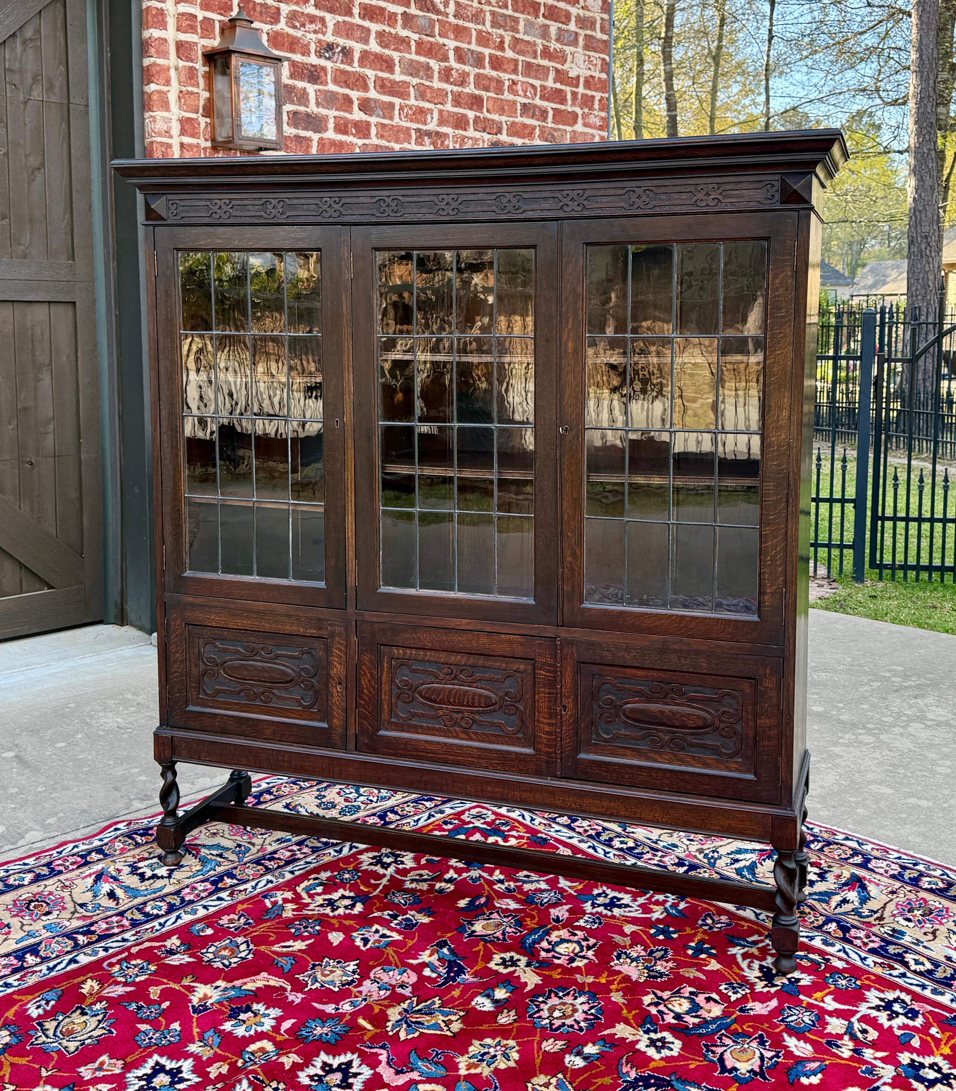 Antigua librería jacobea inglesa Estantería Vitrina Vidrio emplomado Roble 4