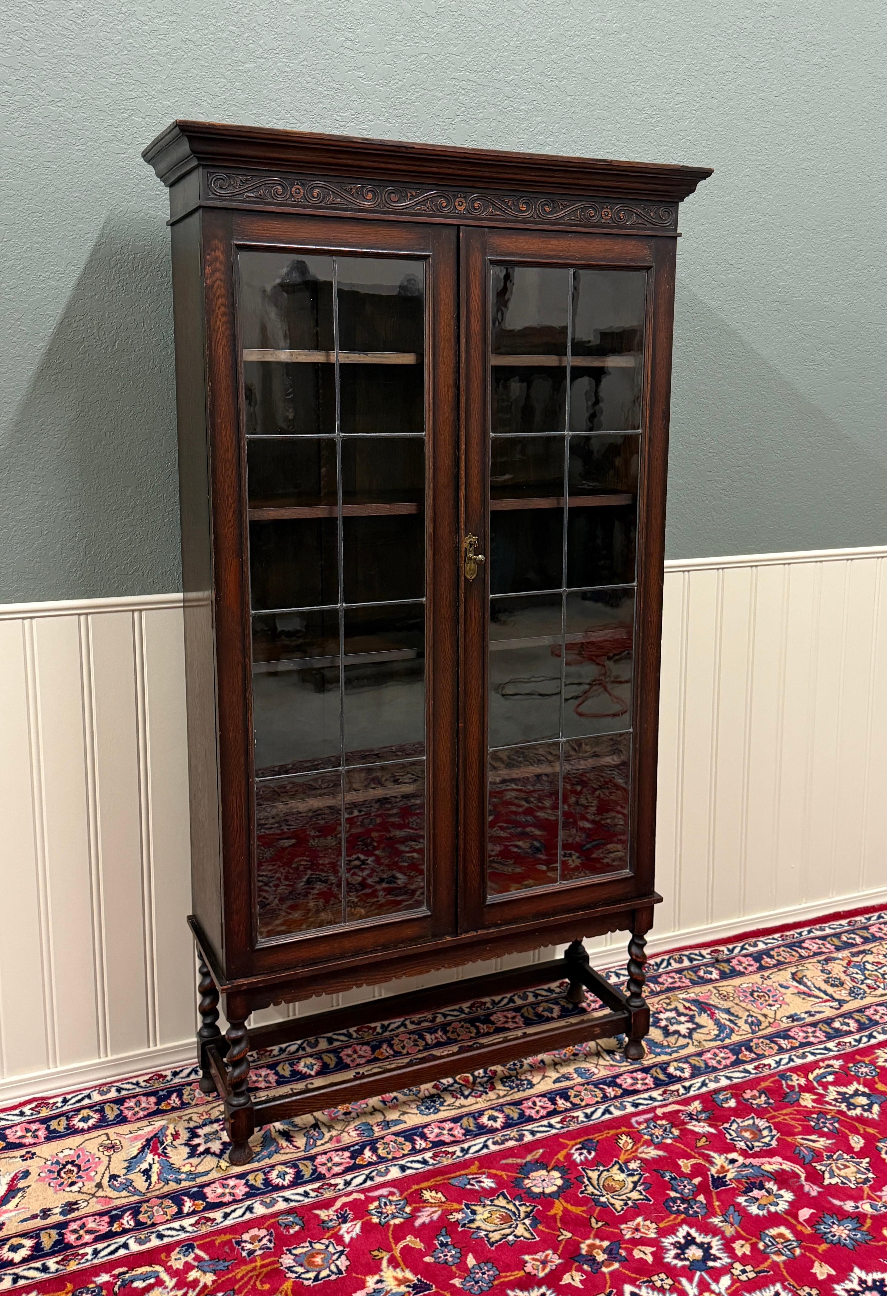 Antique English Jacobean Bookcase Bookshelf Display Cabinet Leaded Glass Oak For Sale 6