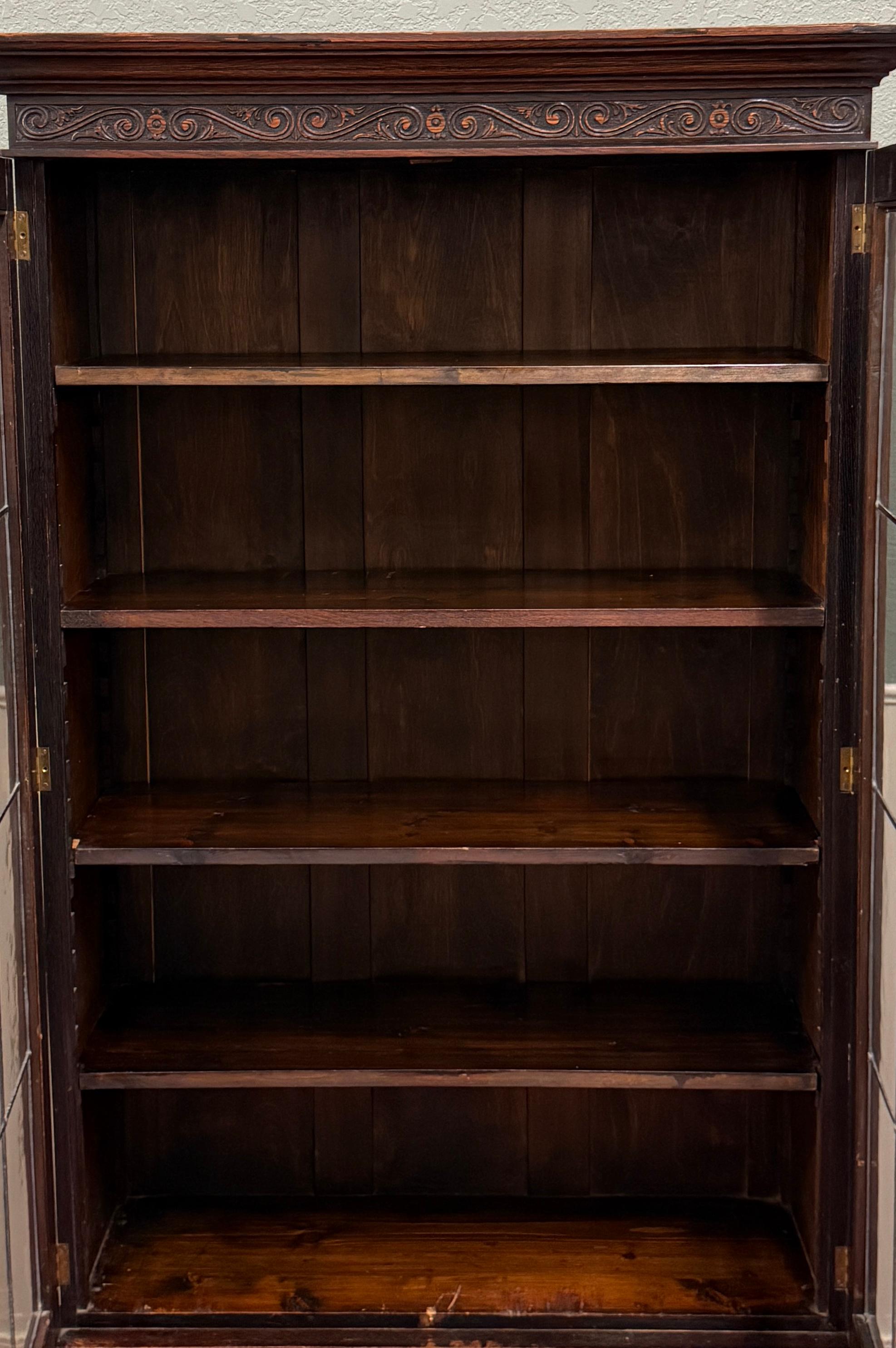 Antique English Jacobean Bookcase Bookshelf Display Cabinet Leaded Glass Oak For Sale 7
