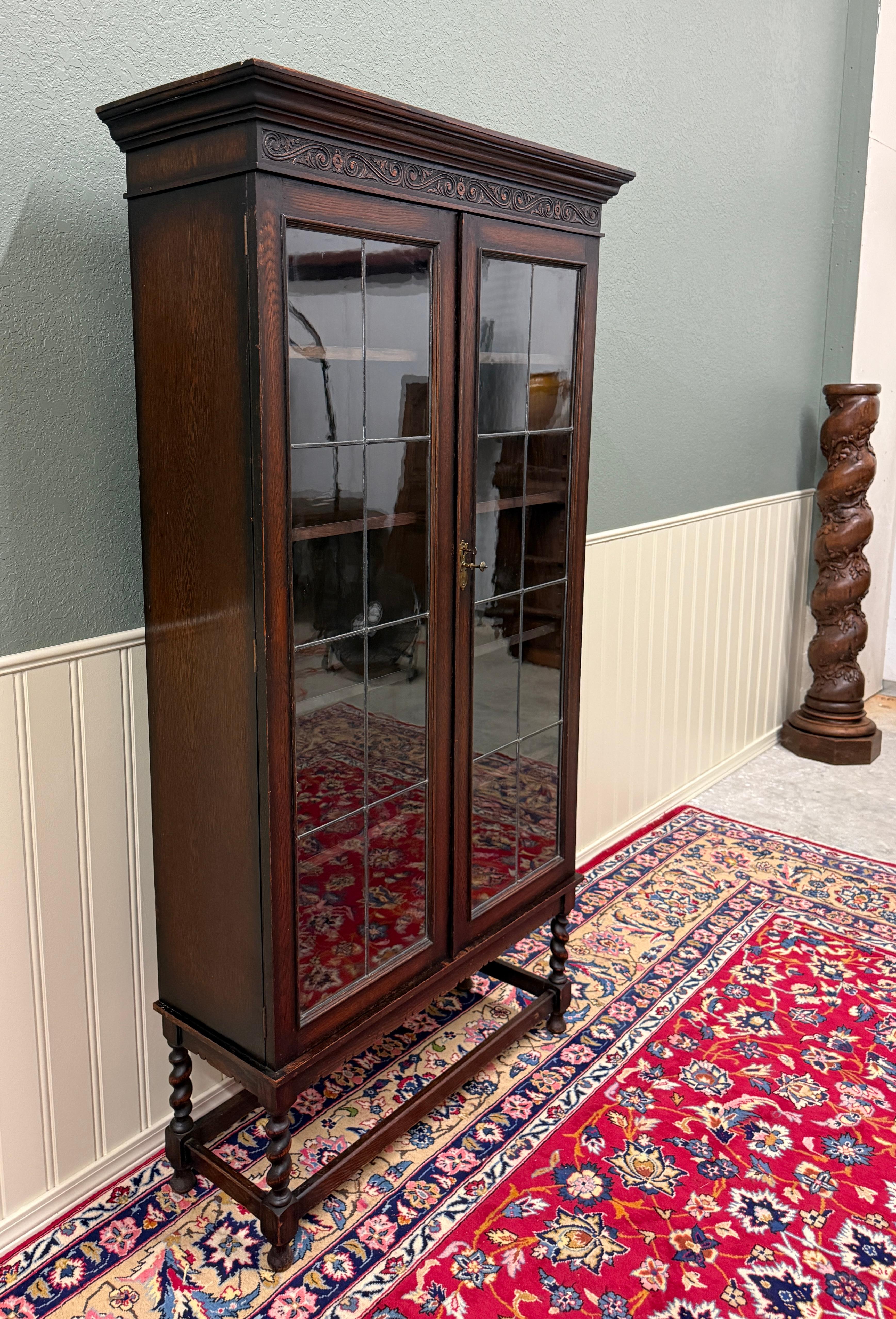 Antique English Jacobean Bookcase Bookshelf Display Cabinet Leaded Glass Oak For Sale 8