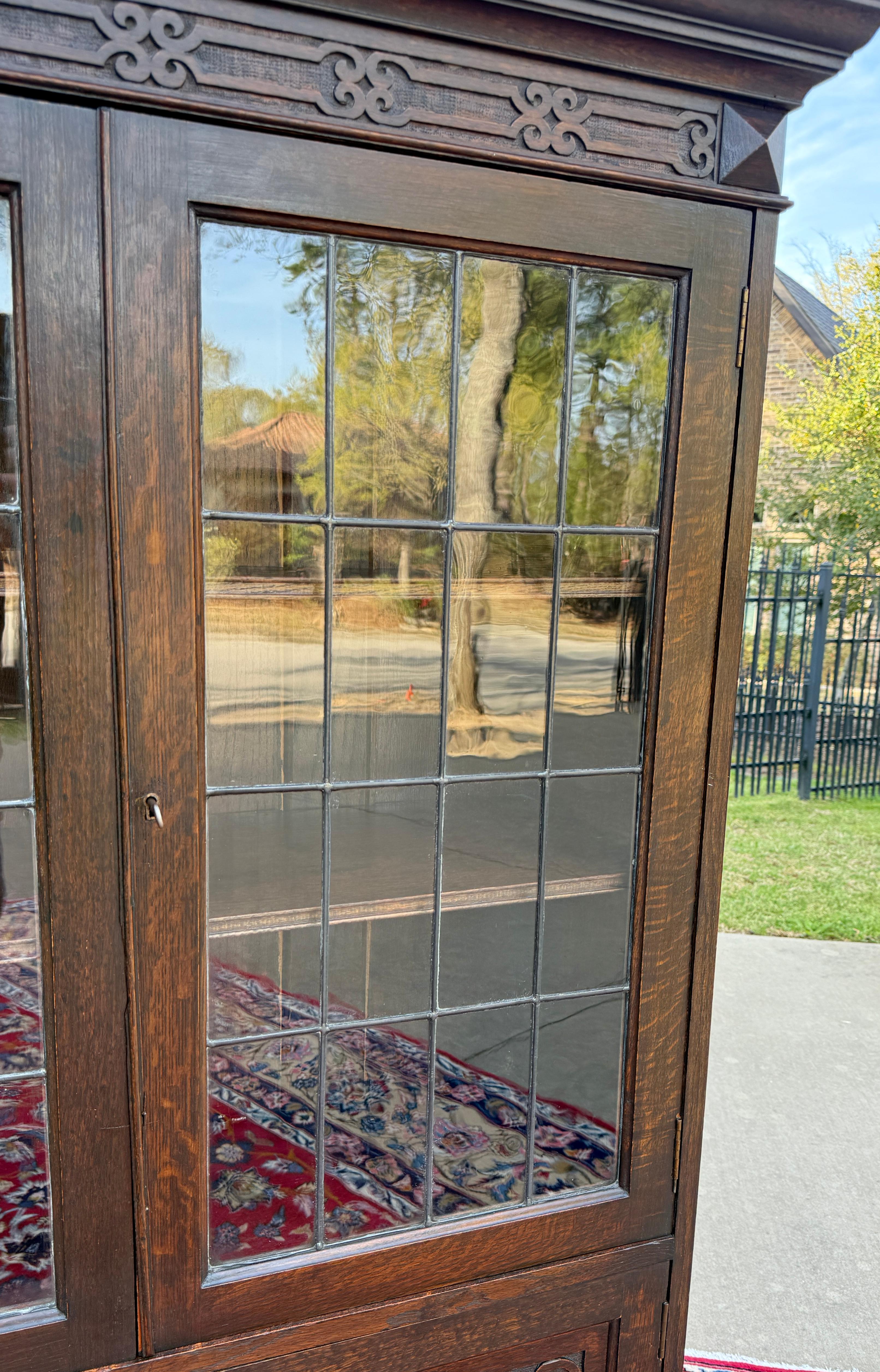 Antigua librería jacobea inglesa Estantería Vitrina Vidrio emplomado Roble 9
