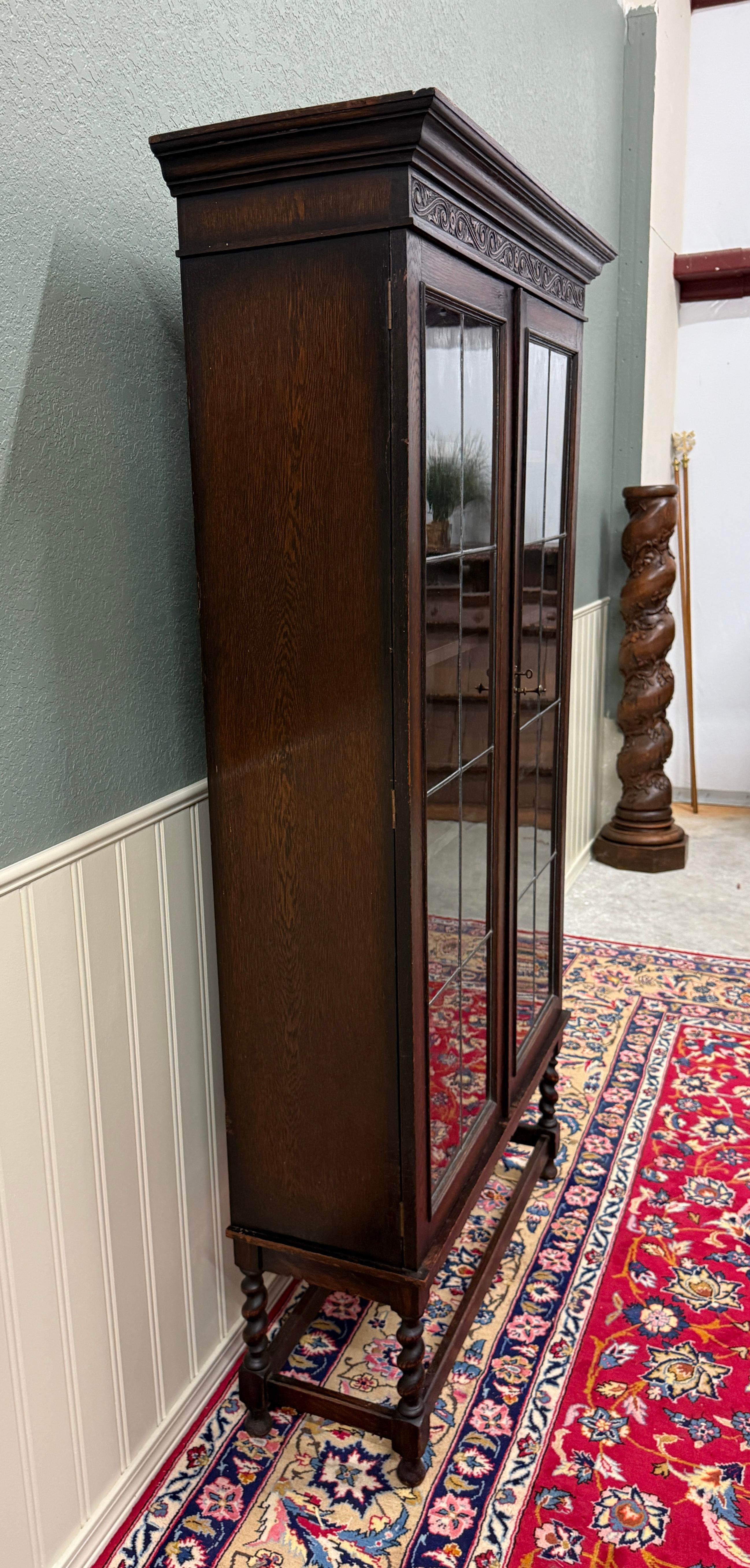Antique English Jacobean Bookcase Bookshelf Display Cabinet Leaded Glass Oak For Sale 11