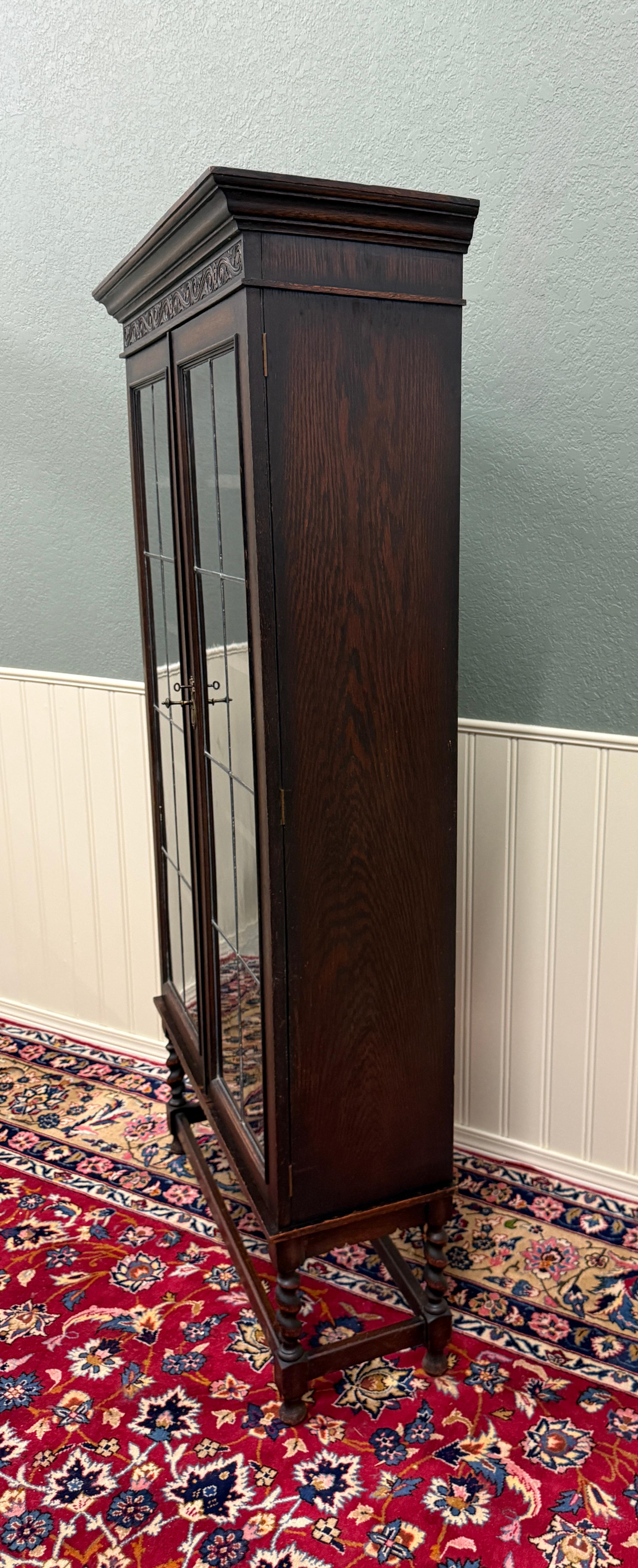 Antique English Jacobean Bookcase Bookshelf Display Cabinet Leaded Glass Oak For Sale 12