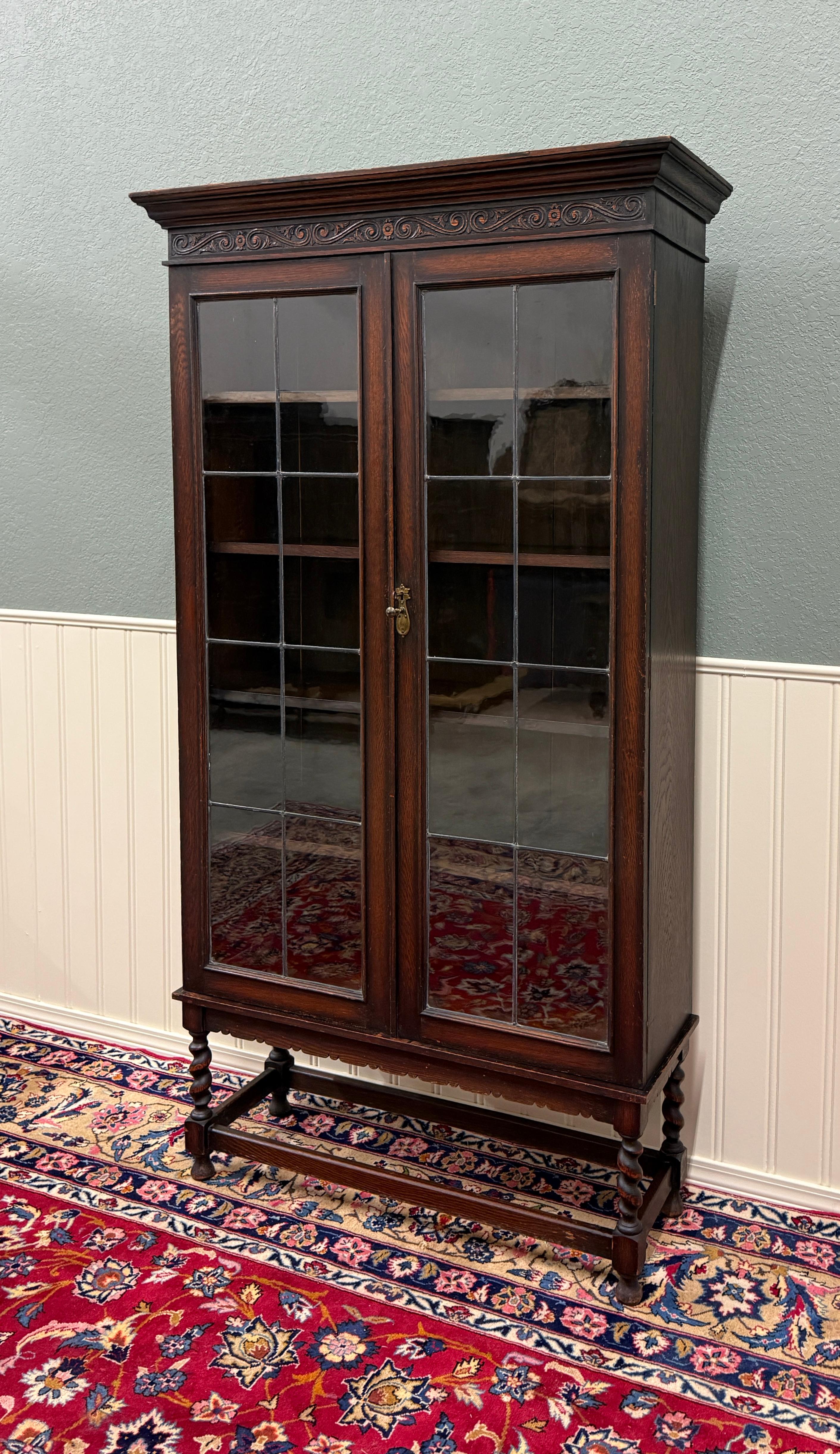 Antique English Jacobean Bookcase Bookshelf Display Cabinet Leaded Glass Oak For Sale 13