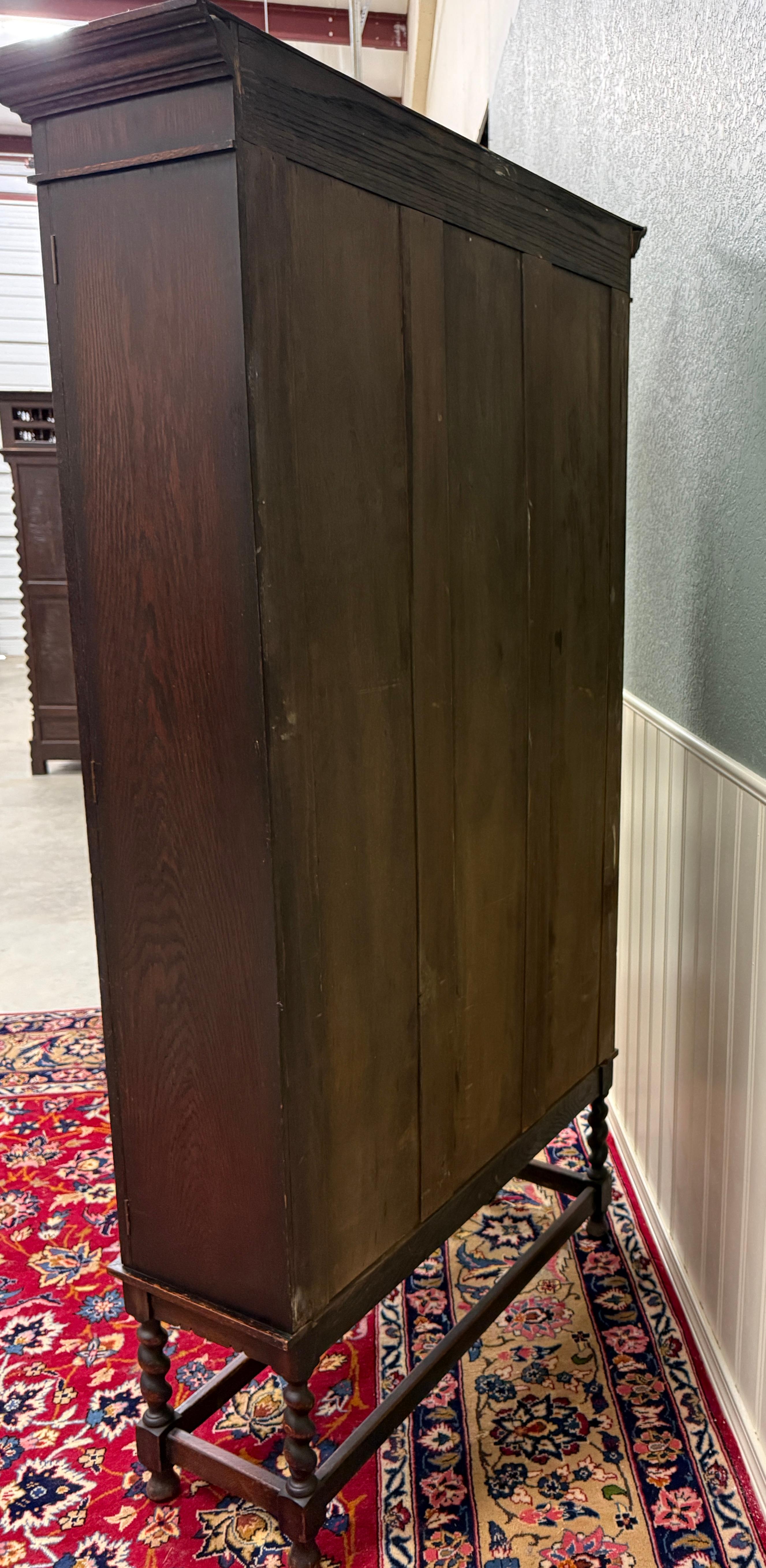 Antique English Jacobean Bookcase Bookshelf Display Cabinet Leaded Glass Oak For Sale 14