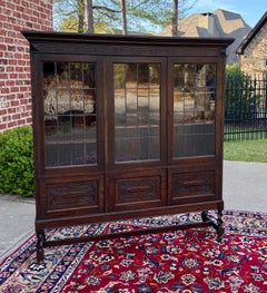 Antique English Jacobean Bookcase Bookshelf Display Cabinet Leaded Glass Oak