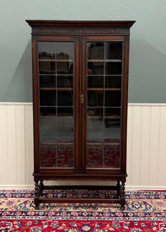 Antique English Jacobean Bookcase Bookshelf Display Cabinet Leaded Glass Oak