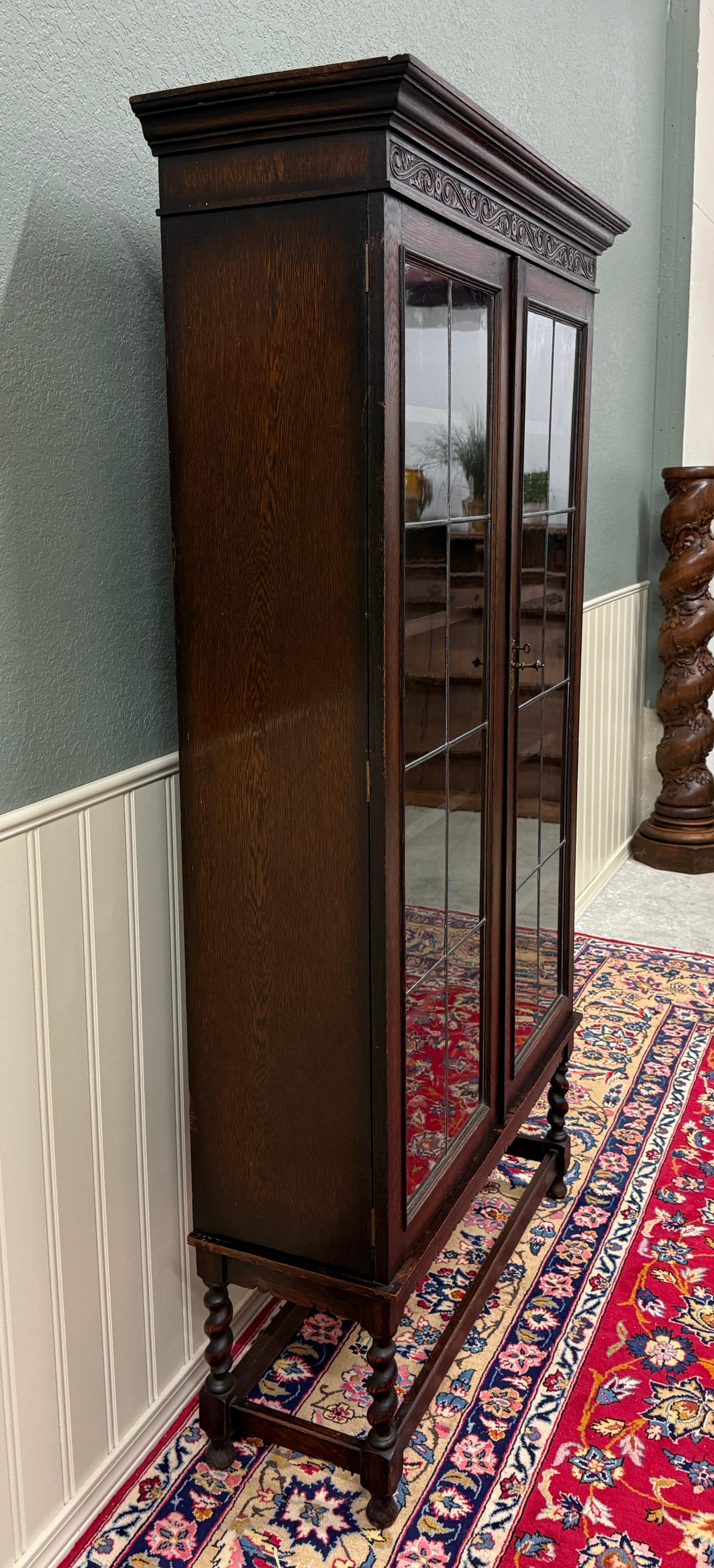 Antique English Jacobean Bookcase Bookshelf Display Cabinet Leaded Glass Oak For Sale 2