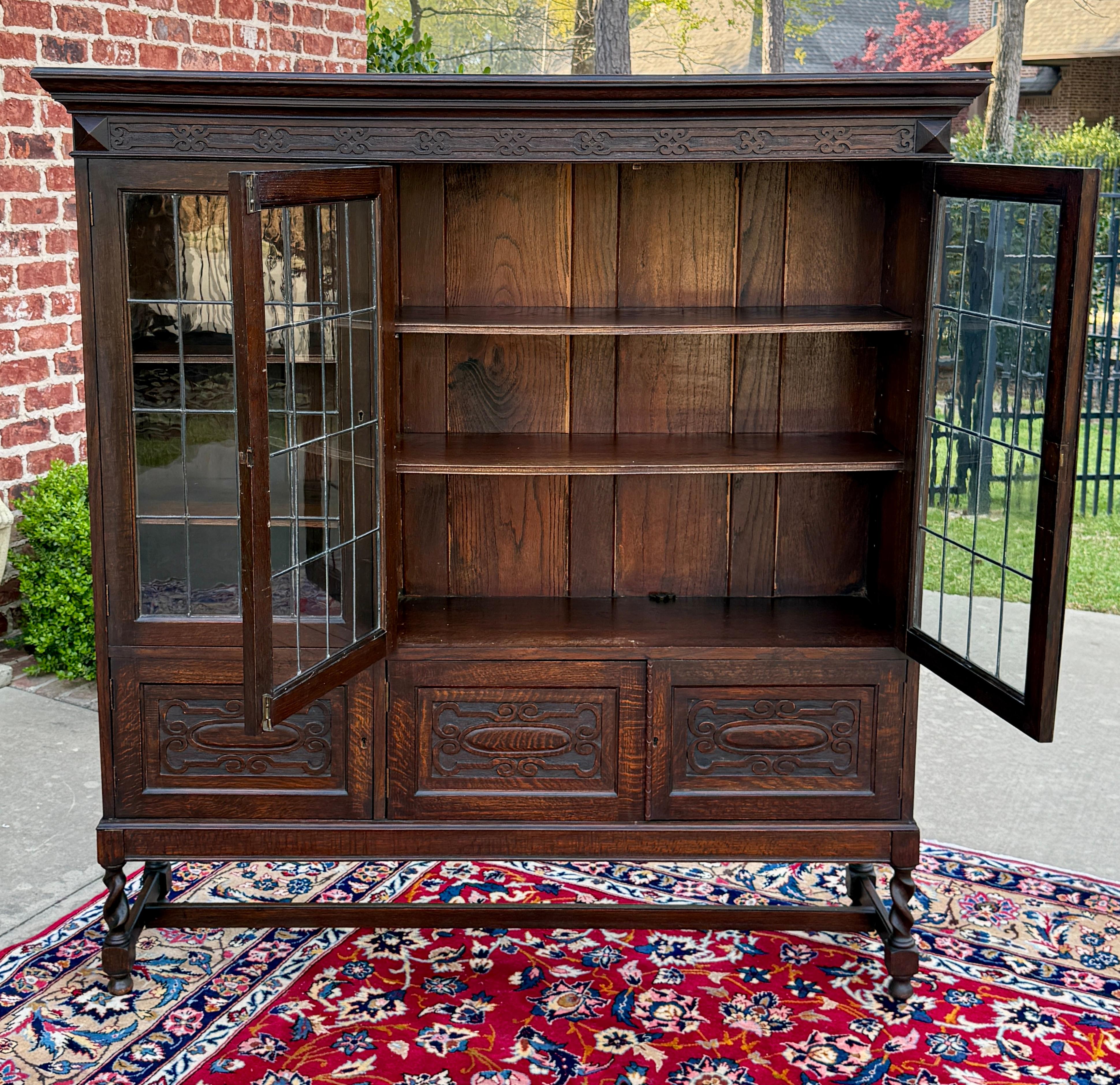 Antigua librería jacobea inglesa Estantería Vitrina Vidrio emplomado Roble 2