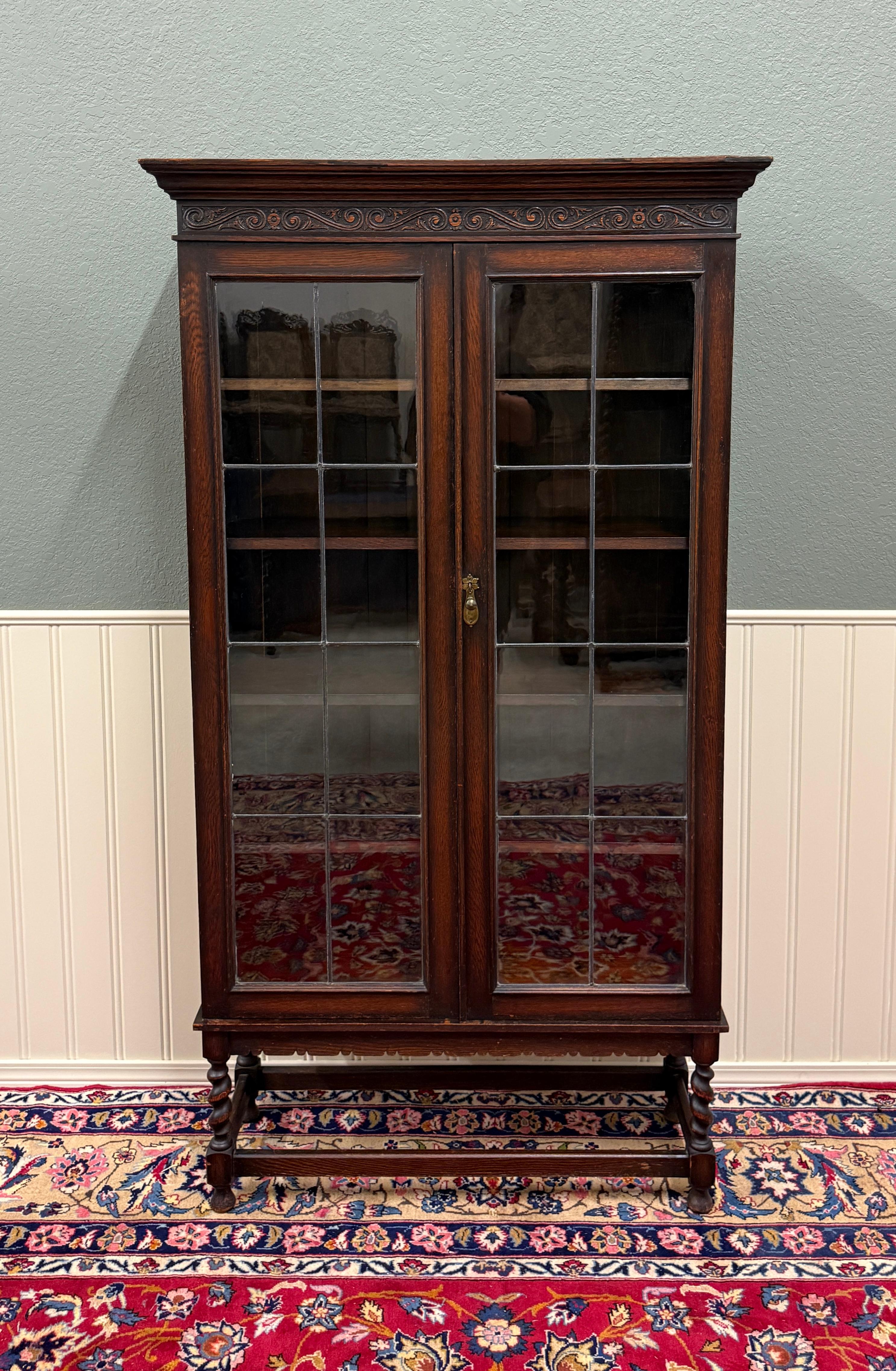 Antique English Jacobean Bookcase Bookshelf Display Cabinet Leaded Glass Oak For Sale 4